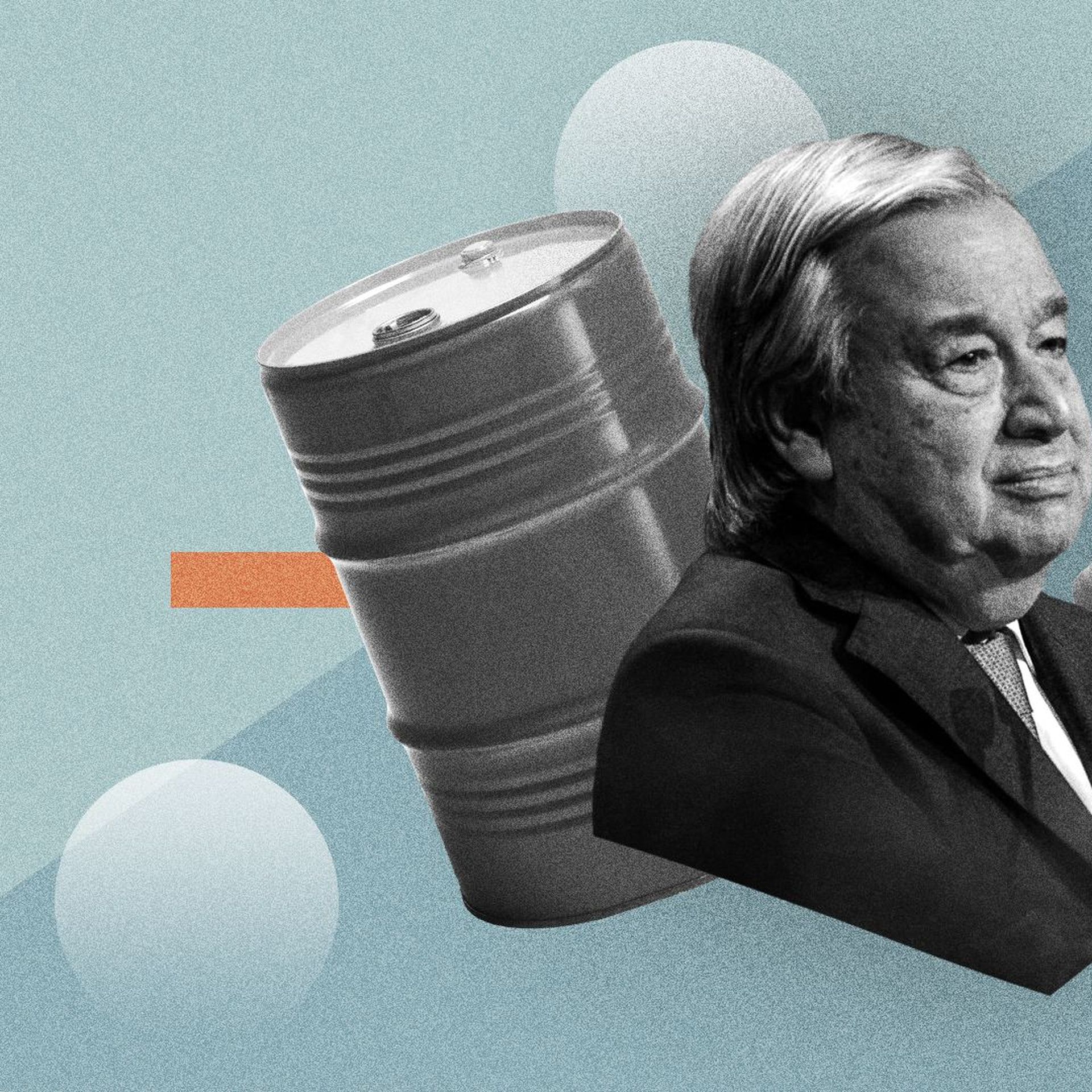 Photo illustration of UN Secretary General Antonio Guterres beside oil barrels with shapes in the background.