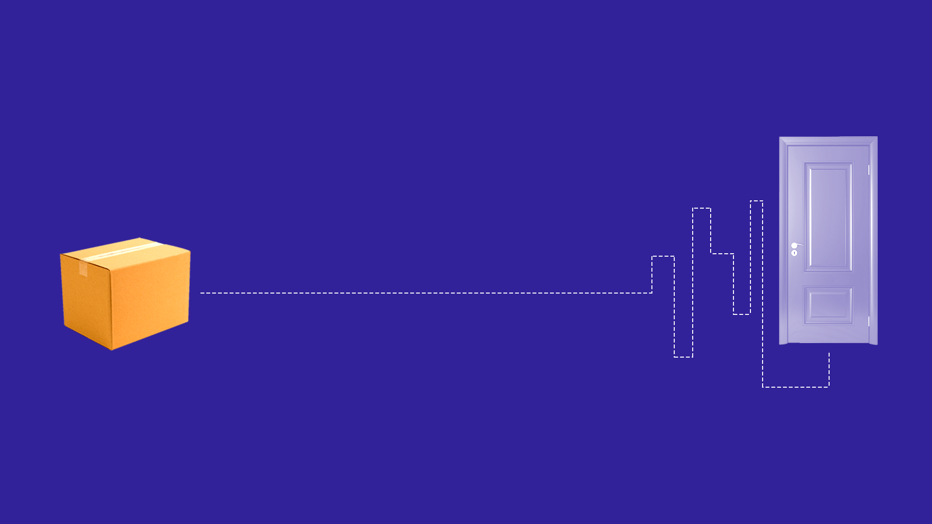Illustration of a shipping box with a straight path to a door that becomes more complicated towards the end.