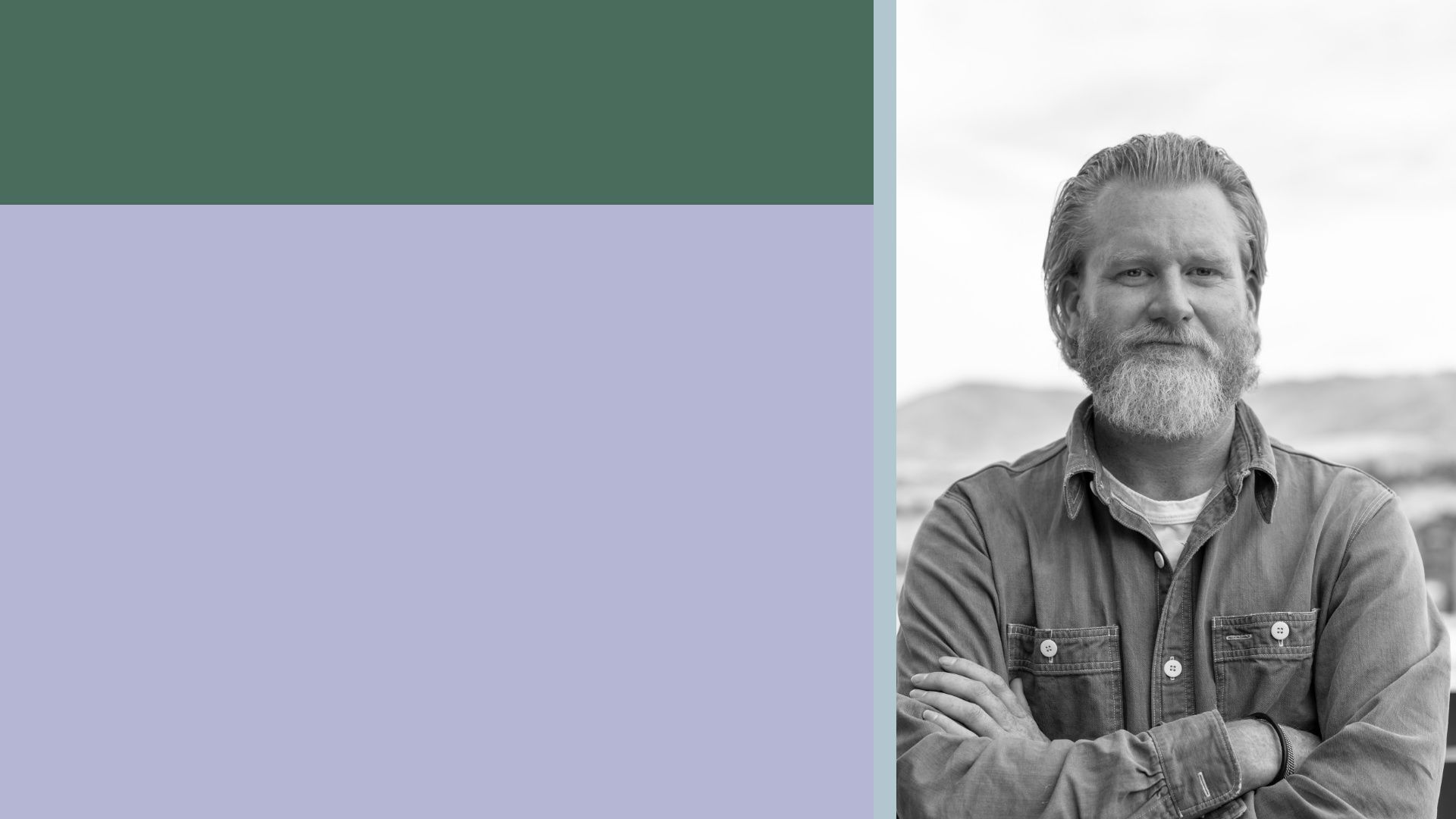 Split image: left side with dark green block above lavender, separated by a pale blue vertical line; right side a black-and-white portrait of TJ Parker in a denim shirt with arms crossed outdoors.