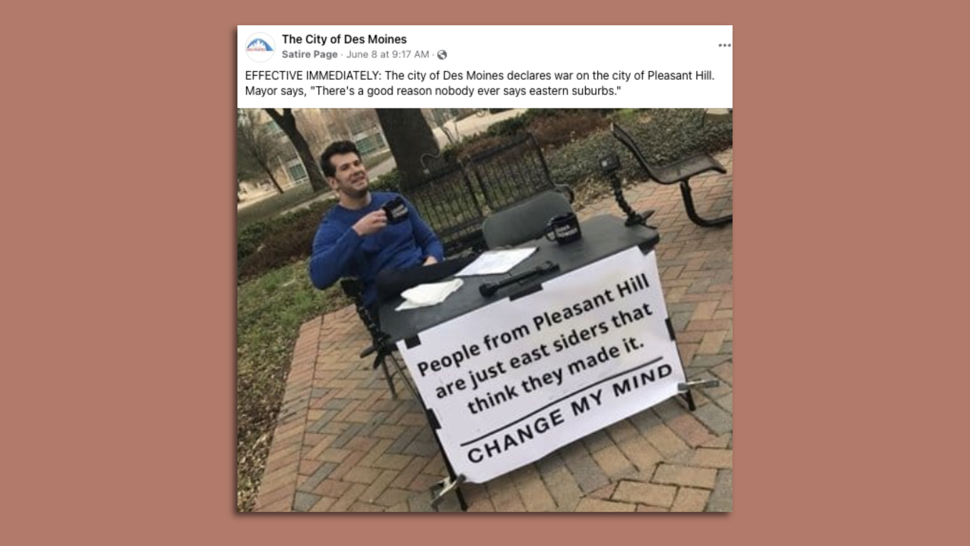 A spoof of the city of Des Moines' Facebook page.