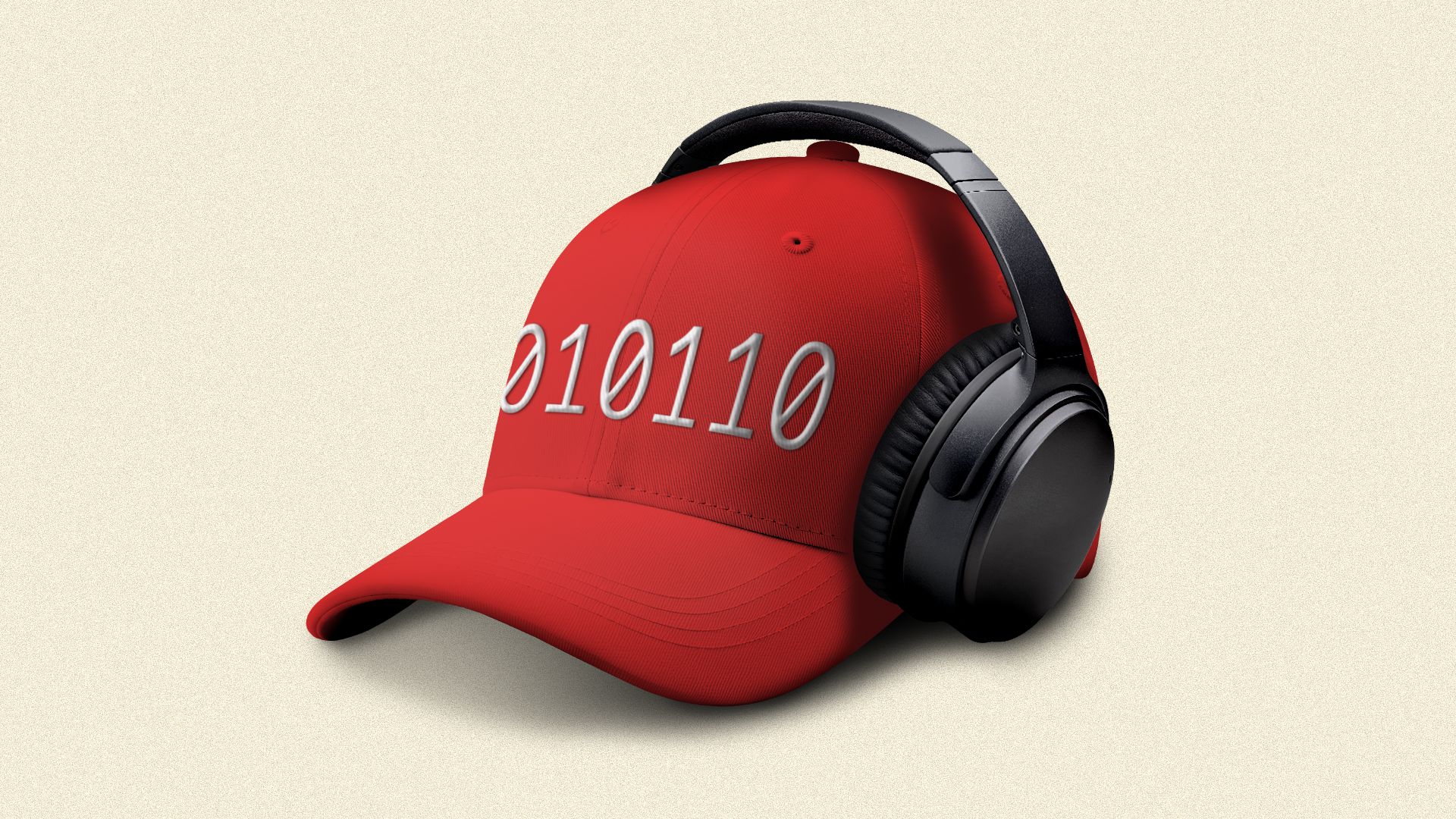 Illustration of a MAGA hat with binary code and headphones