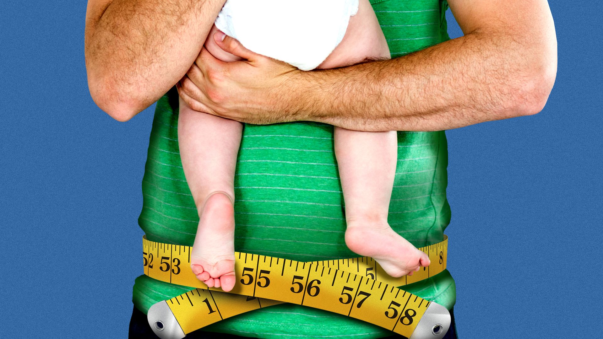 Illustration of a man holding a baby with a measuring tape around his waist
