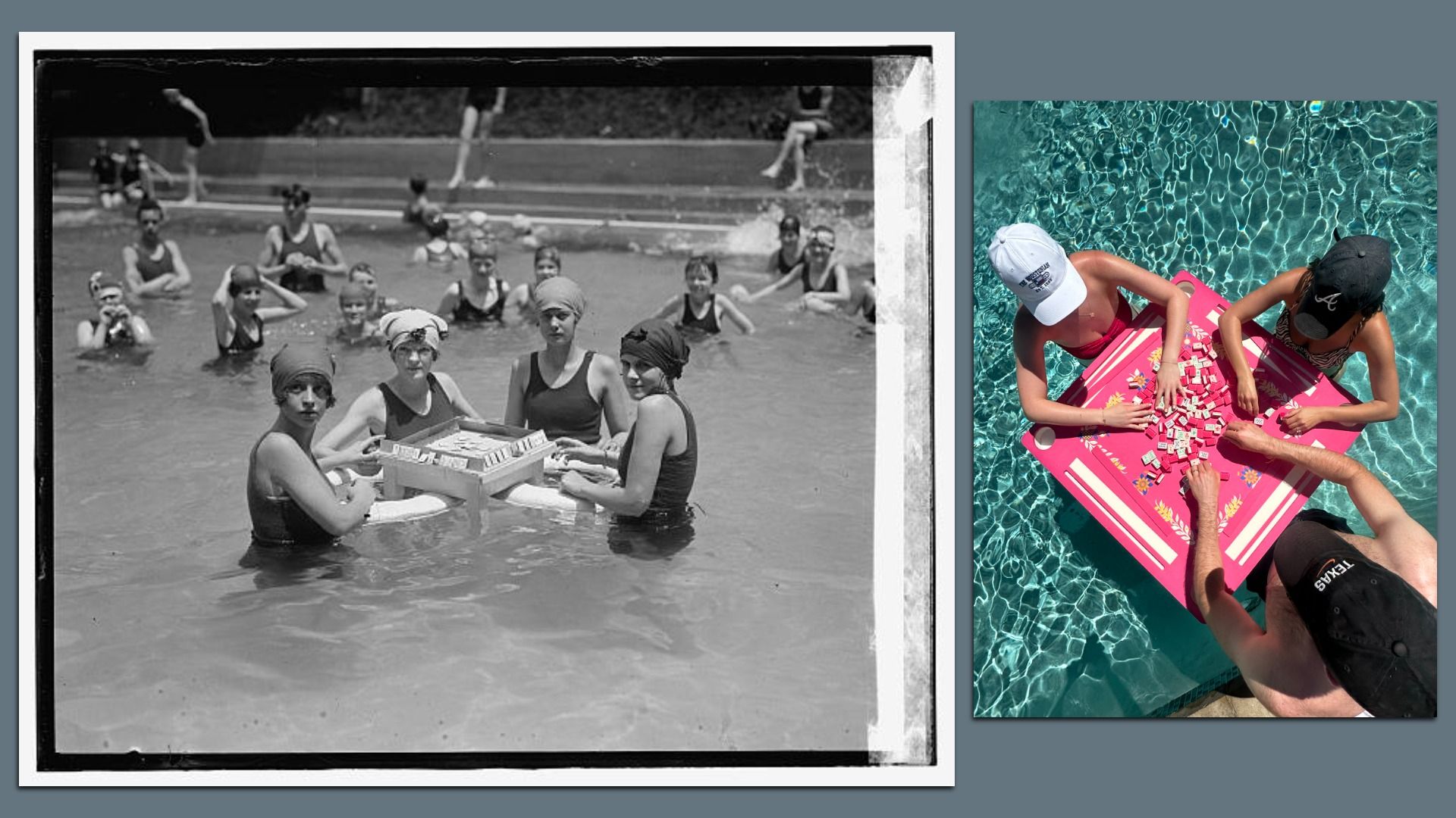 Two-panel collage: left black-and-white pool scene with many swimmers; foreground three women in swim caps surround a table with mahjong tiles. Right bright color shot of two people on a pink pool board in turquoise water, arranging tiles.