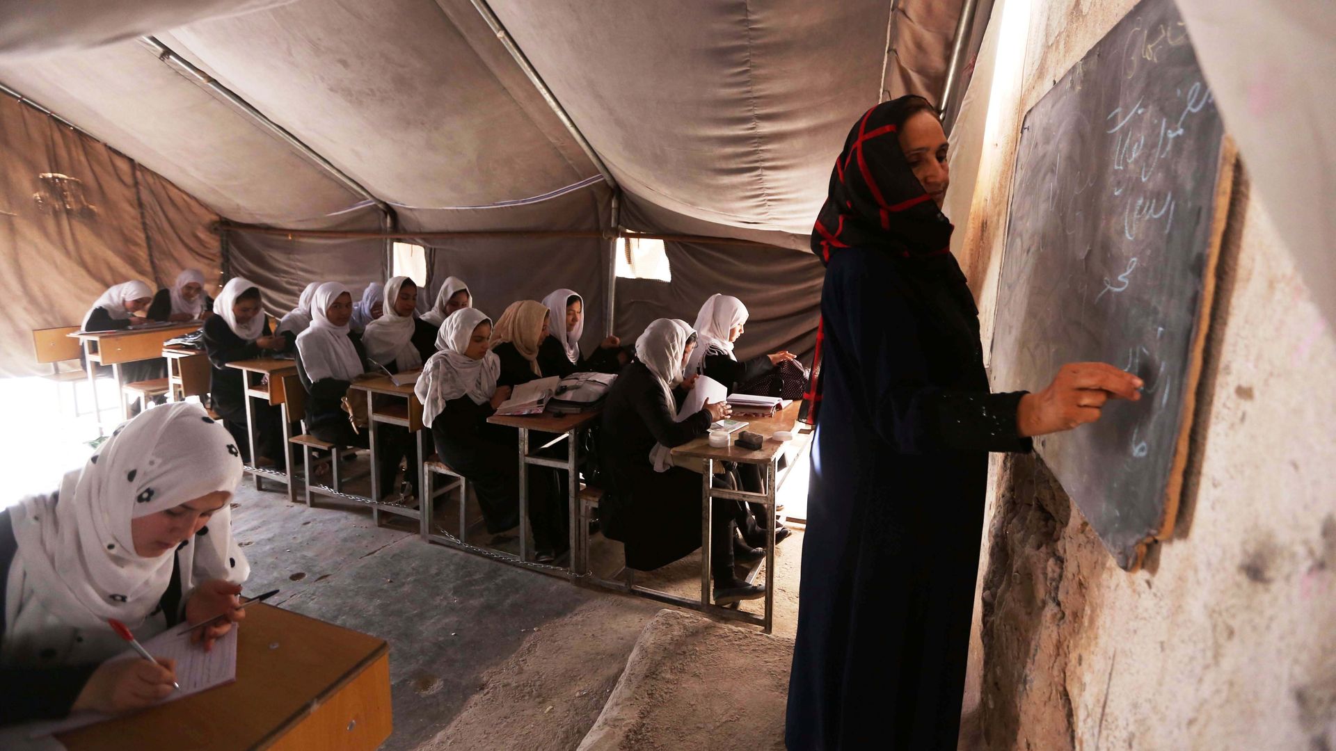 Afghan schoolgirls attend a class at a local school in Herat province in 2017.