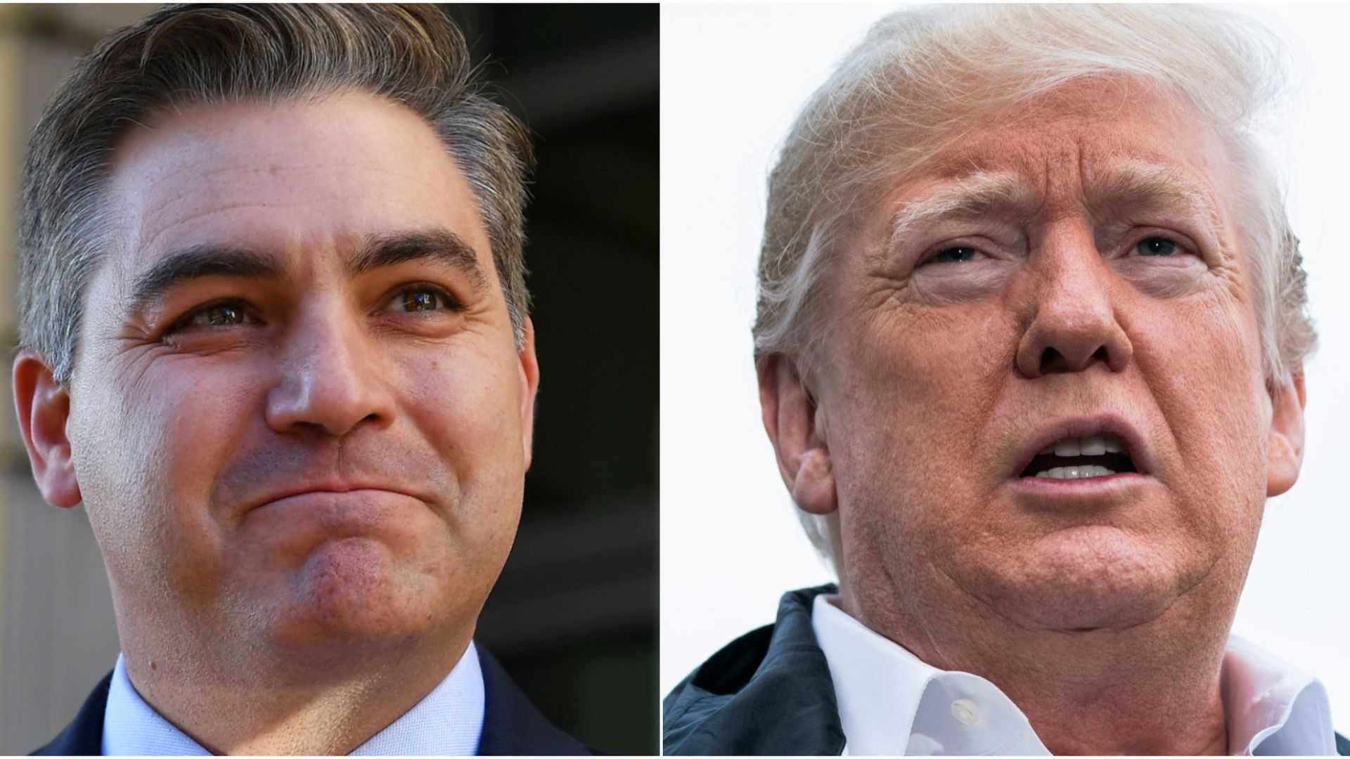 A split image with Jim Acosta on the right looking happy and Donald Trump on the right looking unhappy