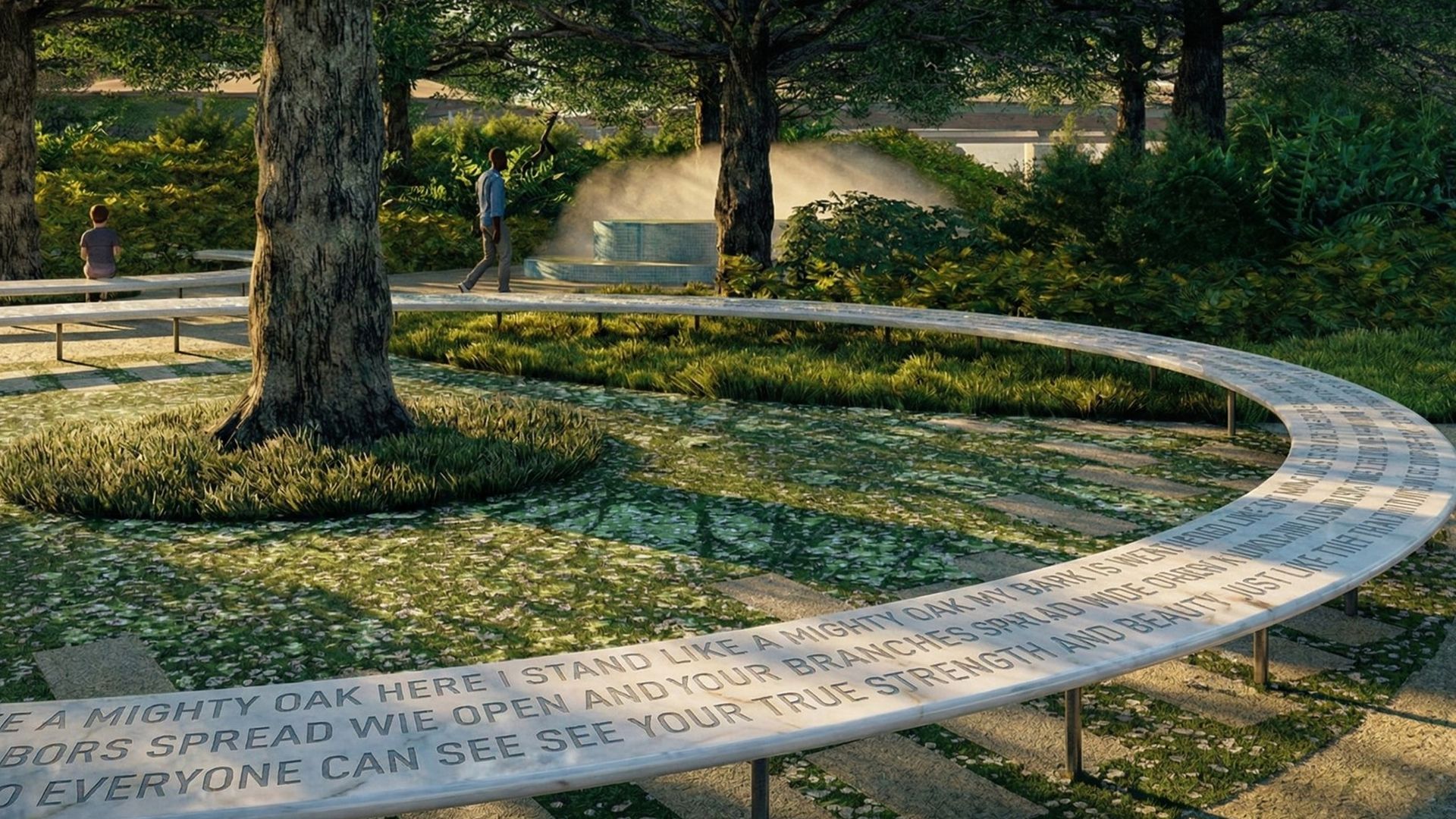 A sunlit park scene with a curved, engraved bench; a man walks by while a child sits on a bench, surrounded by trees and shrubs, and a misty fountain in the background.