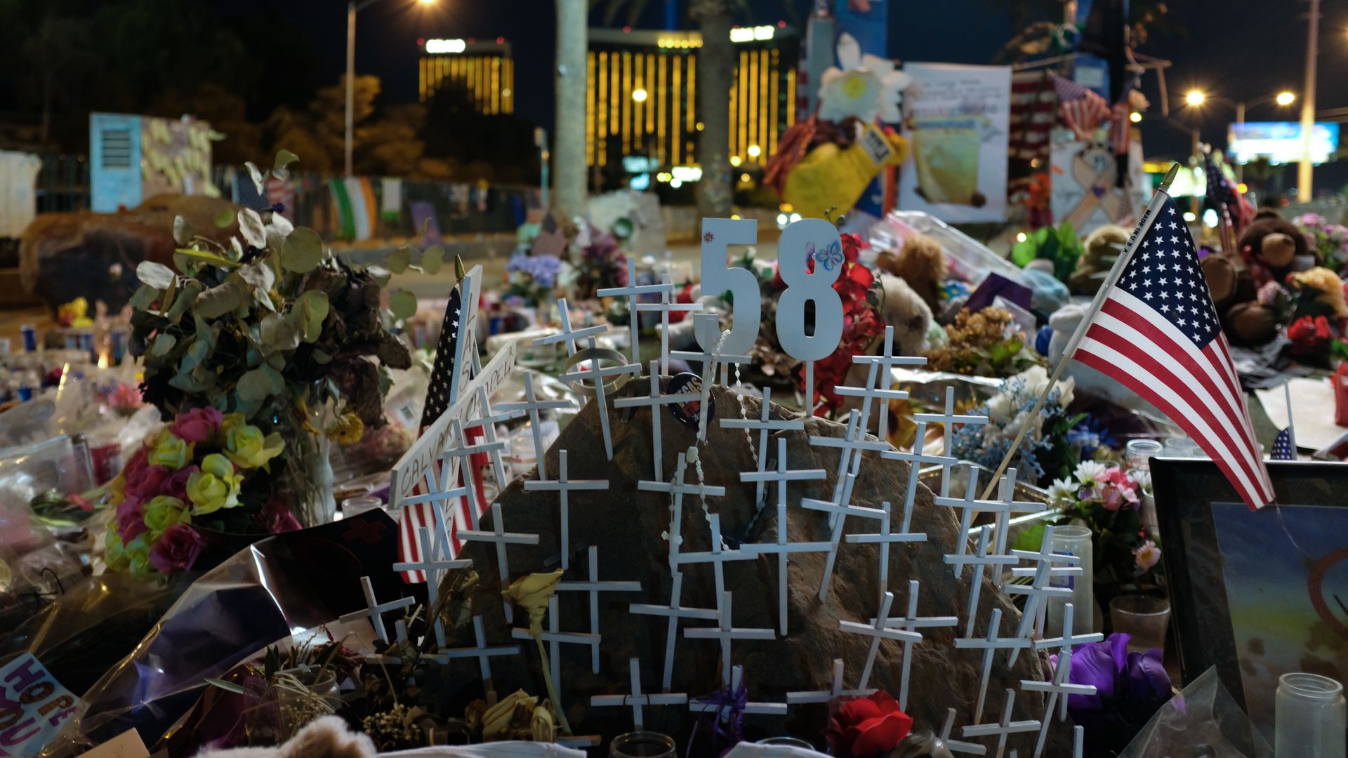 A memorial for the victims after the mass shooting in Las Vegas, Nevada, that took 58 lives, October 28, 2017.