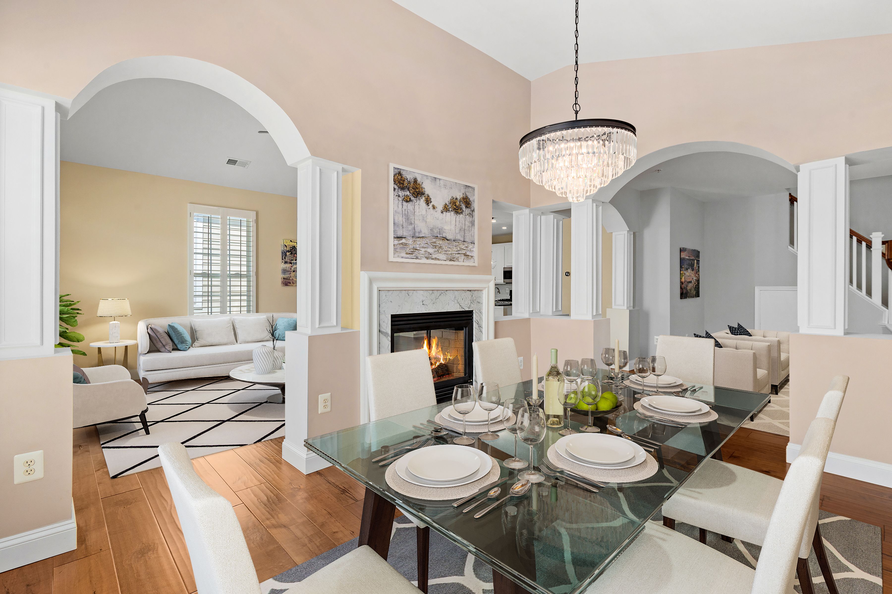 The dining area and living room of an Alexandria condo.