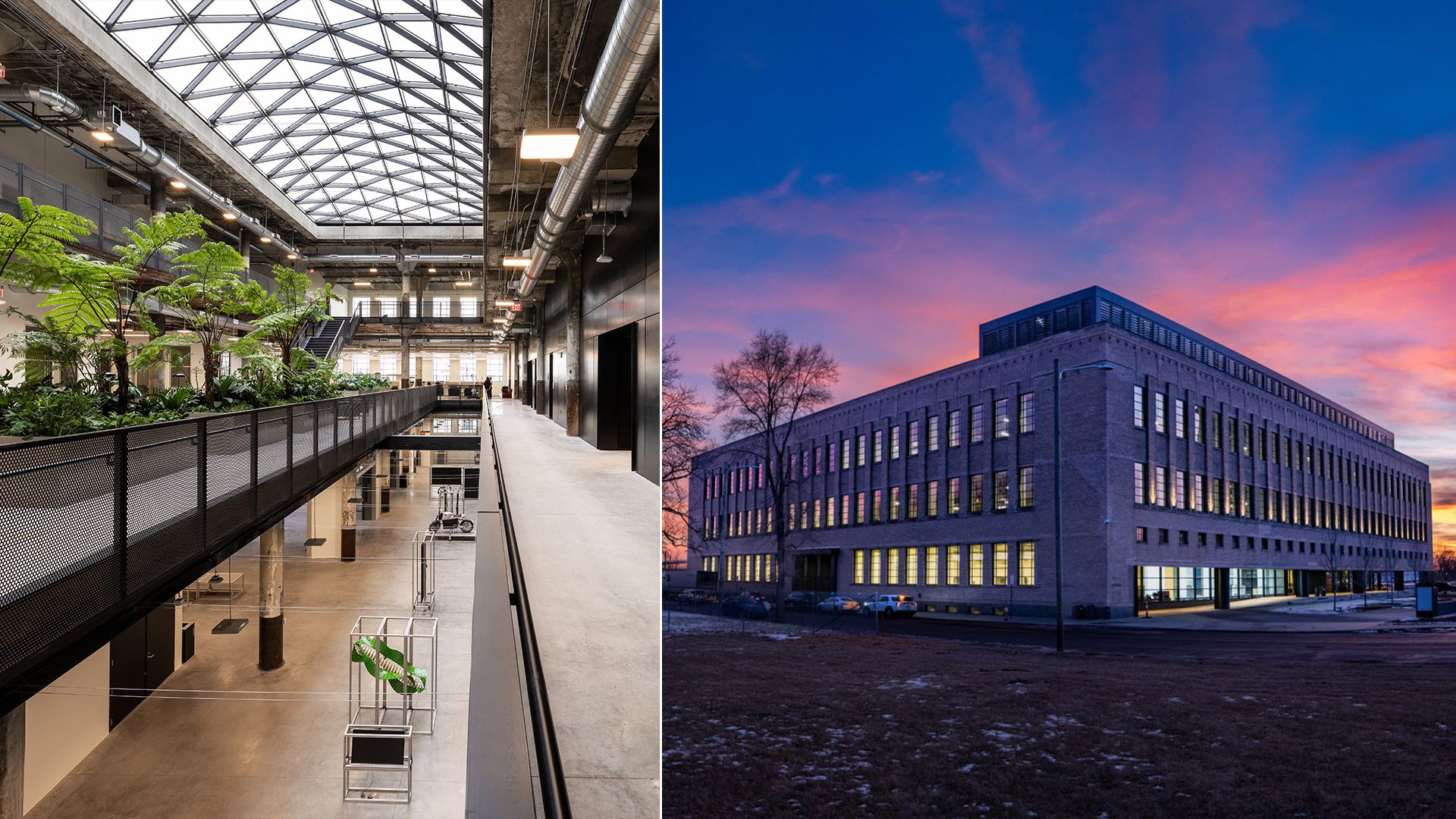 Images of the interior and exterior of the reimagined Book Depository Building in Detroit, which will house transportation researchers.