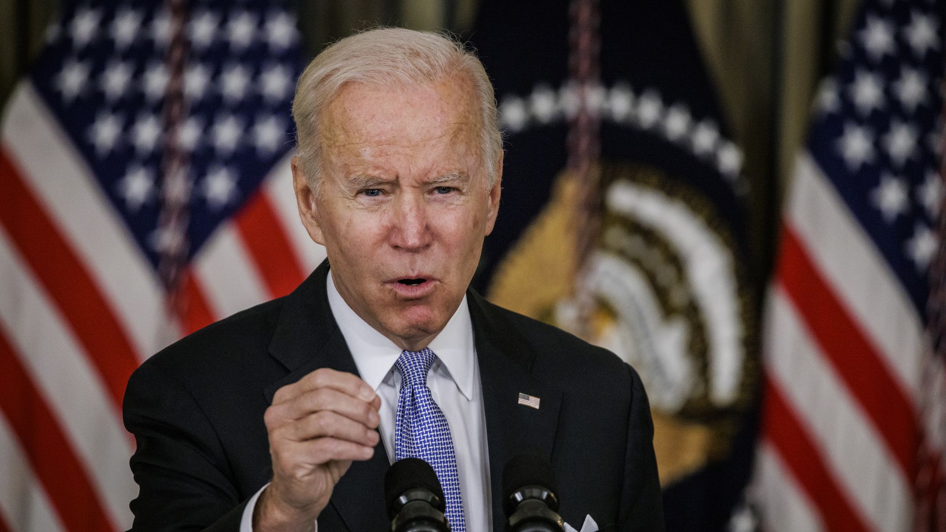  President Joe Biden speaks during a press conference in the State Dining Room at the White House on November 6, 2021 in Washington, DC. 