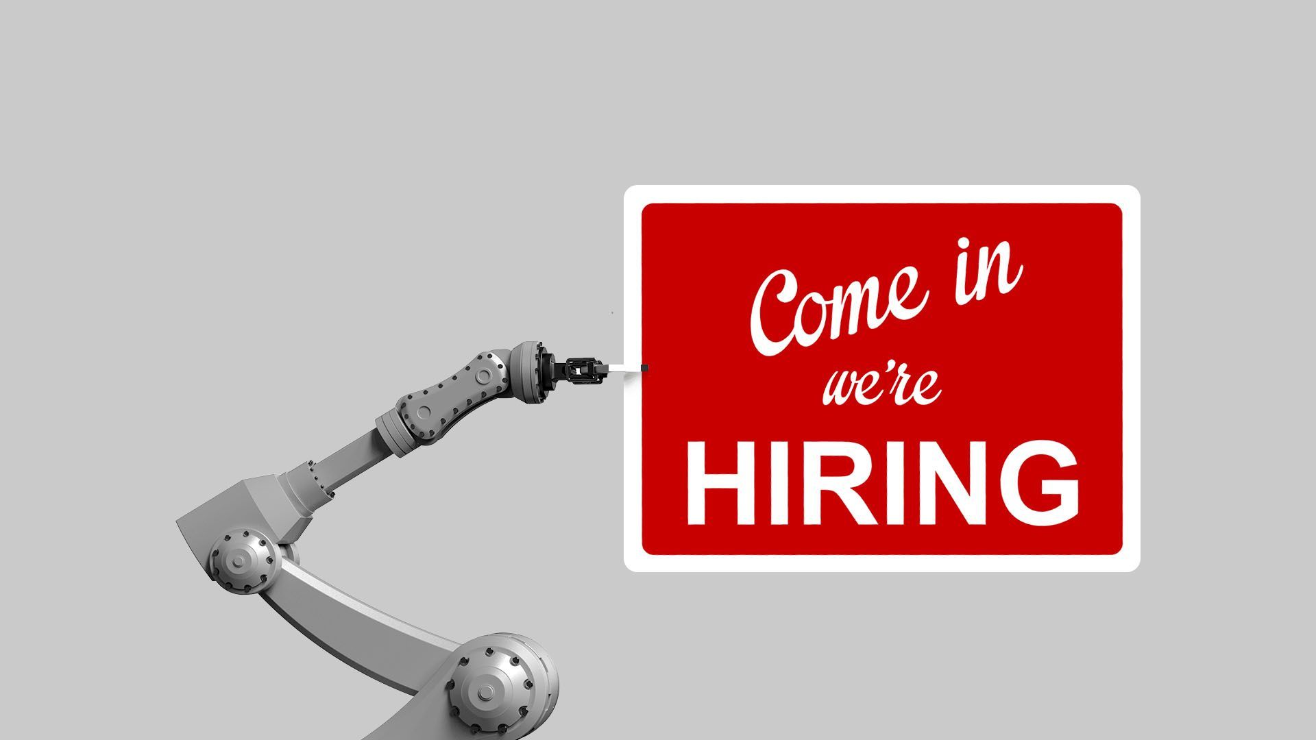 Illustration of a mechanical arm holding a hiring sign