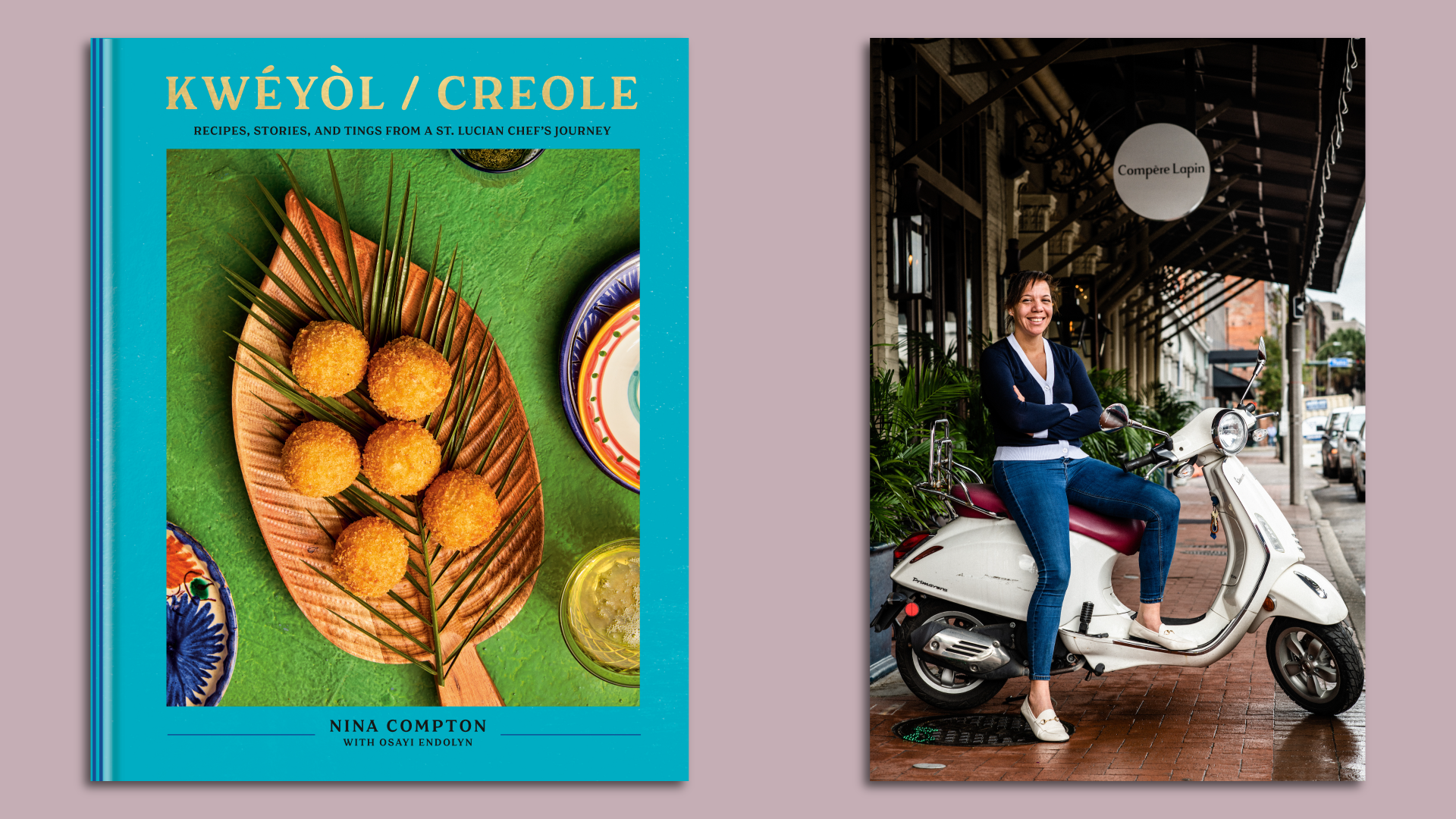 A side by side photo with a picture of a cookbook that's called "Kwéyól/Creole" next to a picture of a woman who sits on a white scooter under the restaurant sign for Compére Lapin.