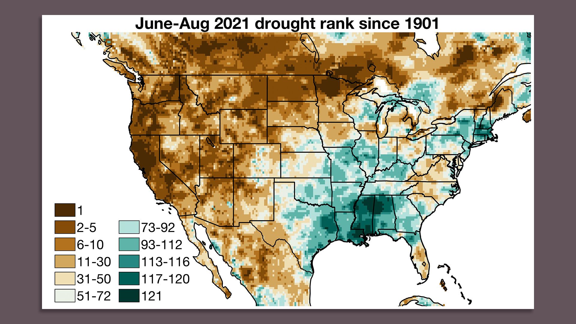 Map of drought conditions across the U.S. showing ranking in the Southwest.