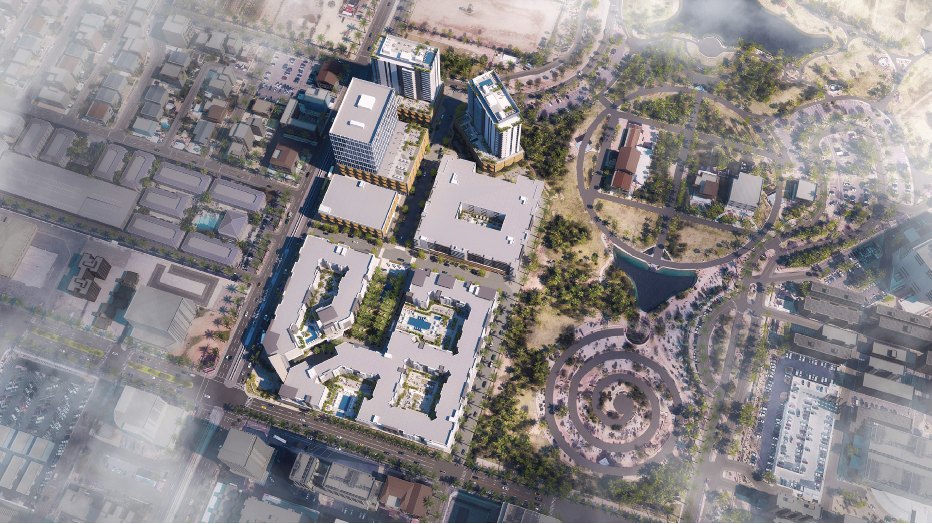 An overheard artists rendering of a group of buildings at an intersection next to a park. 