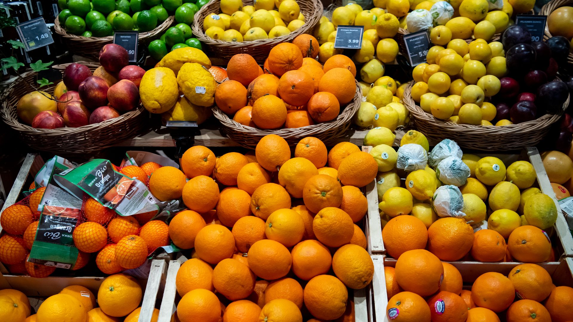 Citrus fruits on a supermarket shelf.