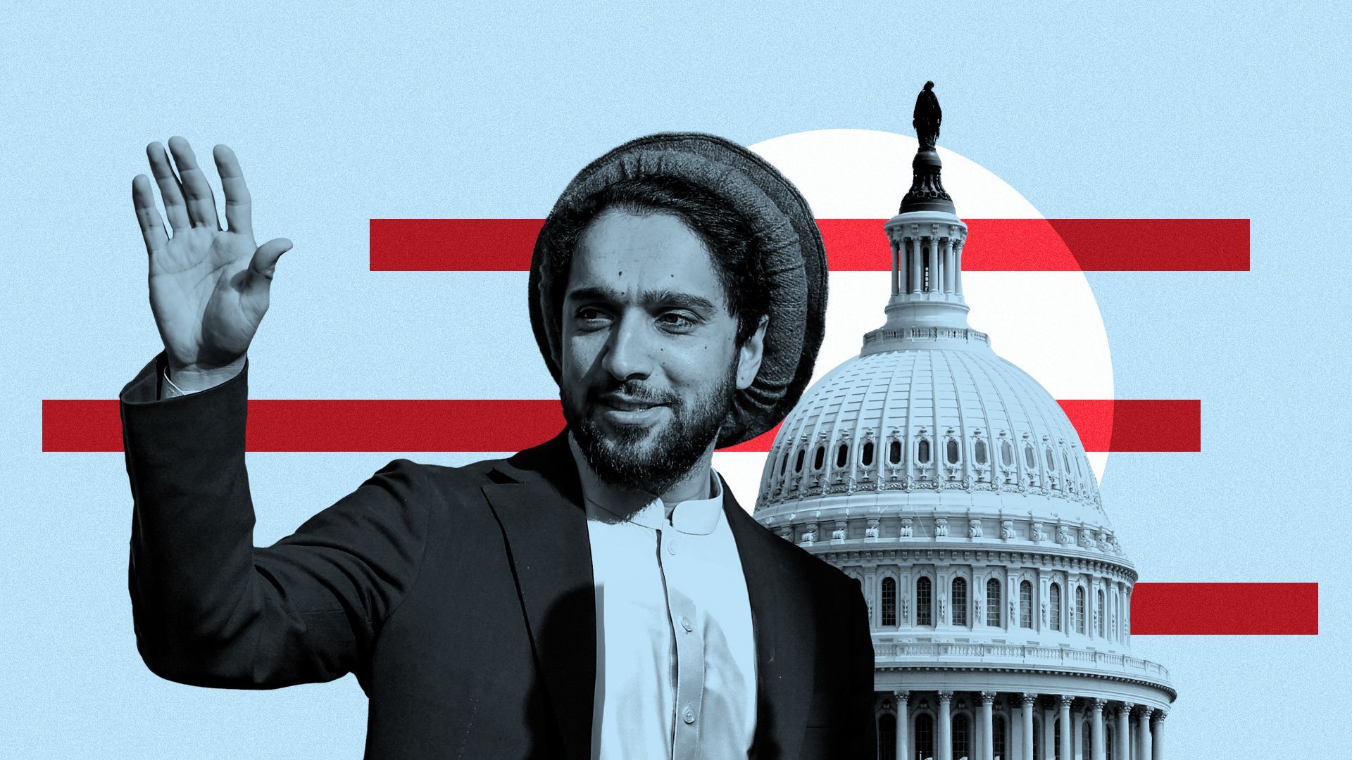 Photo illustration of Ahmad Massoud with the Capitol dome