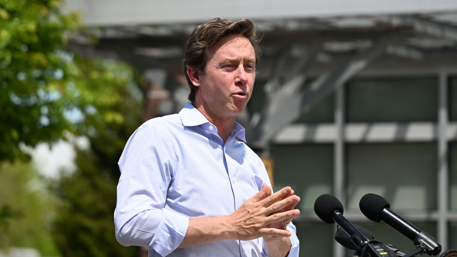 Denver Mayor Mike Johnston announced plans to create a Department of Neighborhood Safety during a press conference outside in the parking lot of the Park Hill Boys and Girls Club in Denver, Colorado on May 13, 2024. Photo: RJ Sangosti/Denver Post via Getty Images