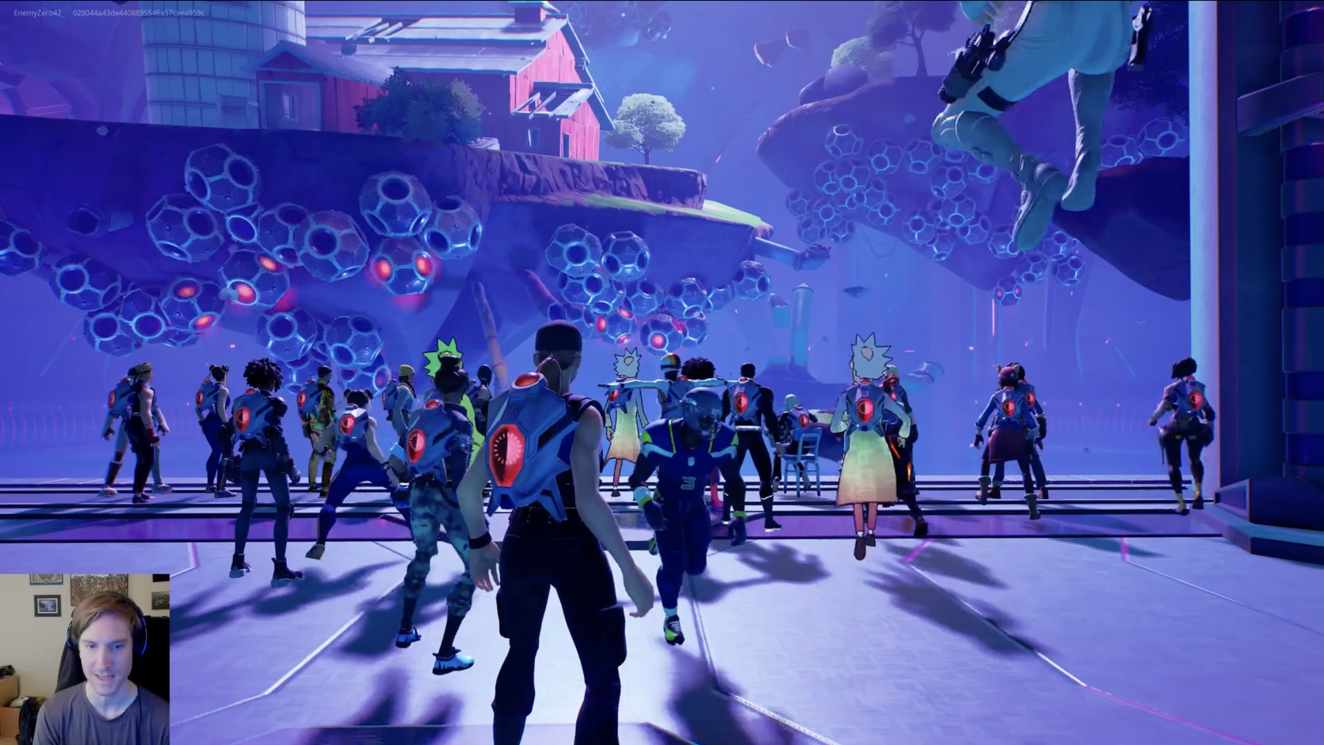Screenshot of Fortnite characters assembled in a spaceship, watching an island floating outside a window