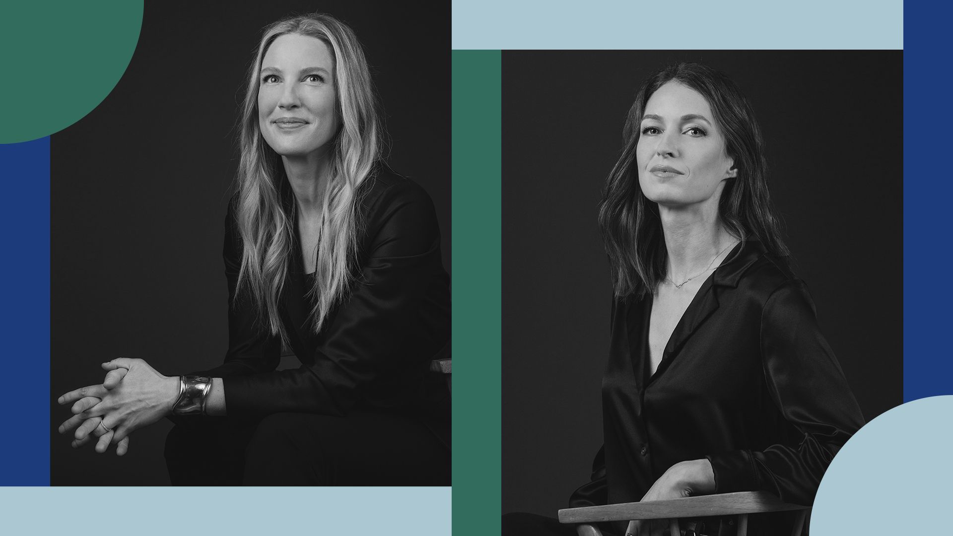 Photo illustration of Sarah Sclarsic and Sierra Peterson of Voyager Ventures framed by colorful rectangles and circles