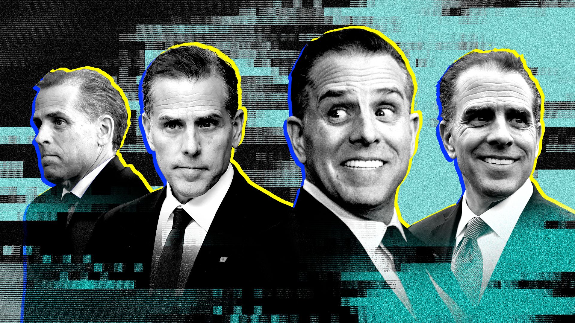 Photo illustration of a collage featuring images of Hunter Biden, becoming happier from left to right, over a background of digital static.