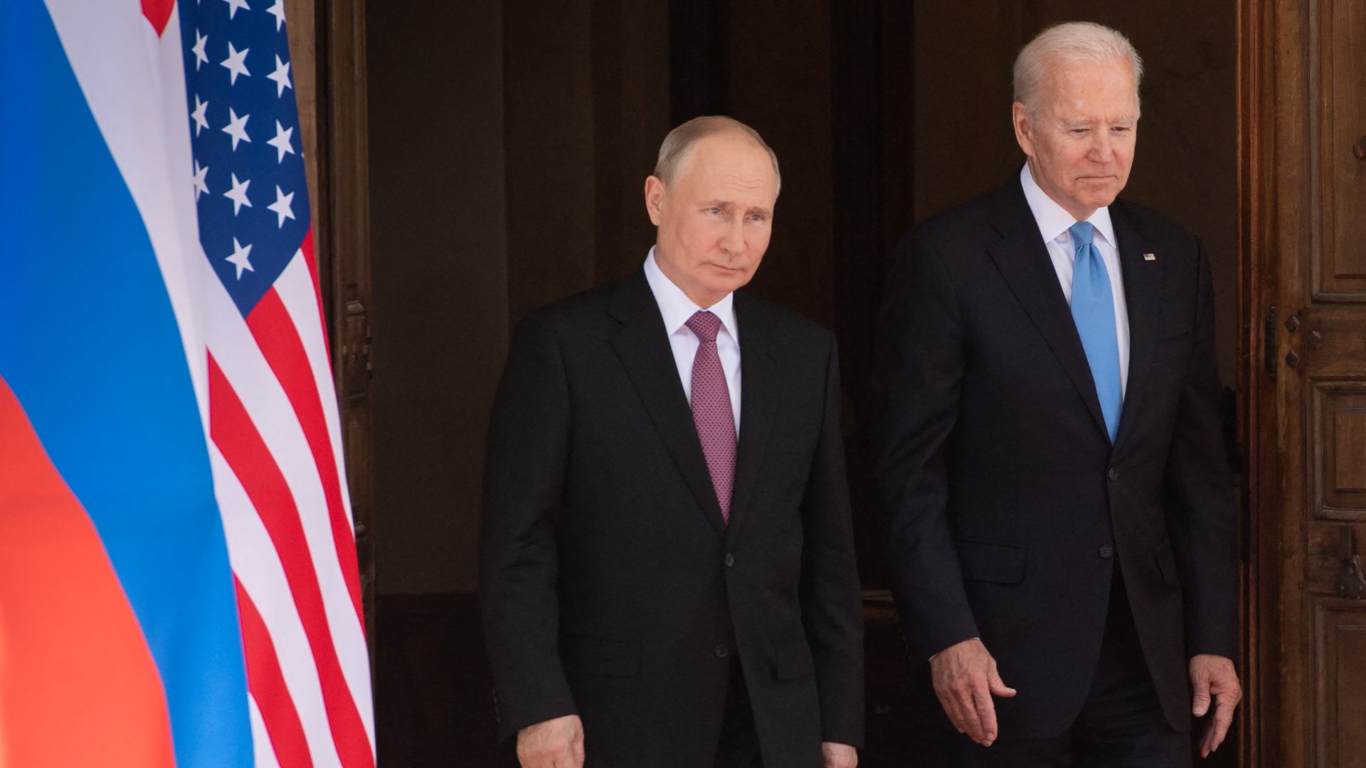 resident Joe Biden (R) and Russian President Vladimir Putin arrive for a US-Russia summit at Villa La Grange in Geneva on June 16, 2021.