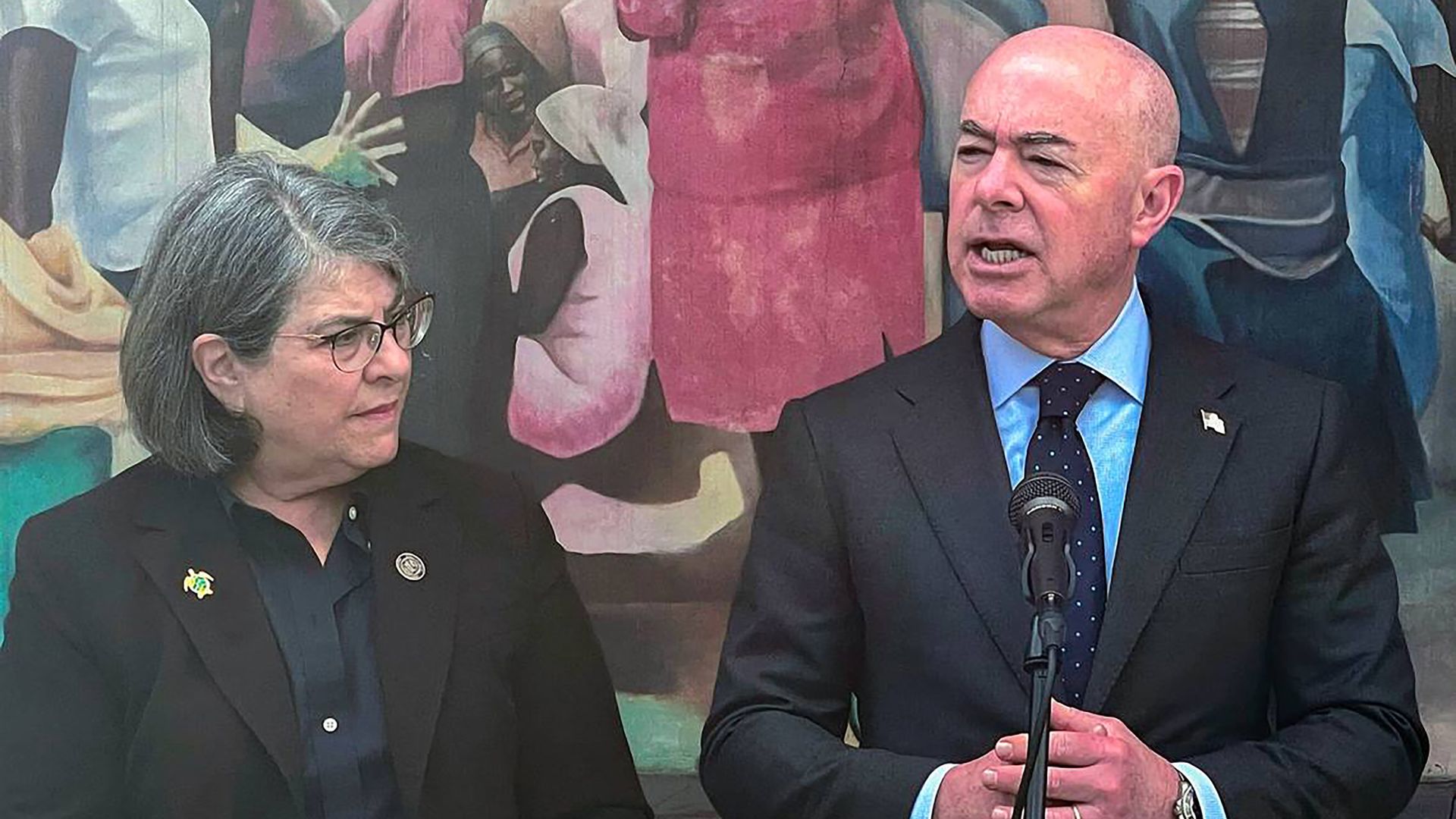 Homeland Security Secretary Alejandro Mayorkas alongside Miami-Dade mayor Daniella Levine Cava speak during press conference during a visit to Miami on Jan. 30, 2023.
