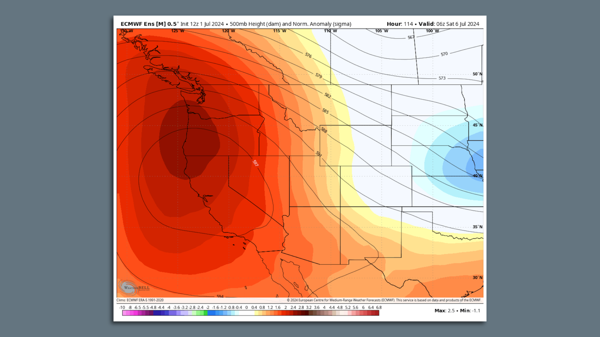 Computer model projection showing the Western heat dome on July 6. 
