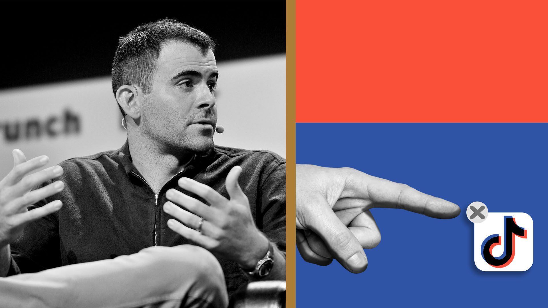 Photo illustration of Adam Mosseri, the Head of Instagram, with a hand about to delete the TikTok app