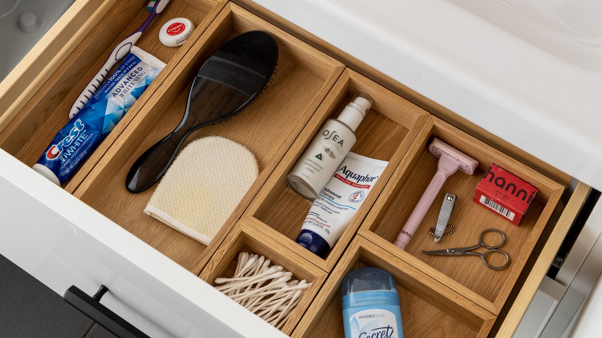 A droor containing organizational products.