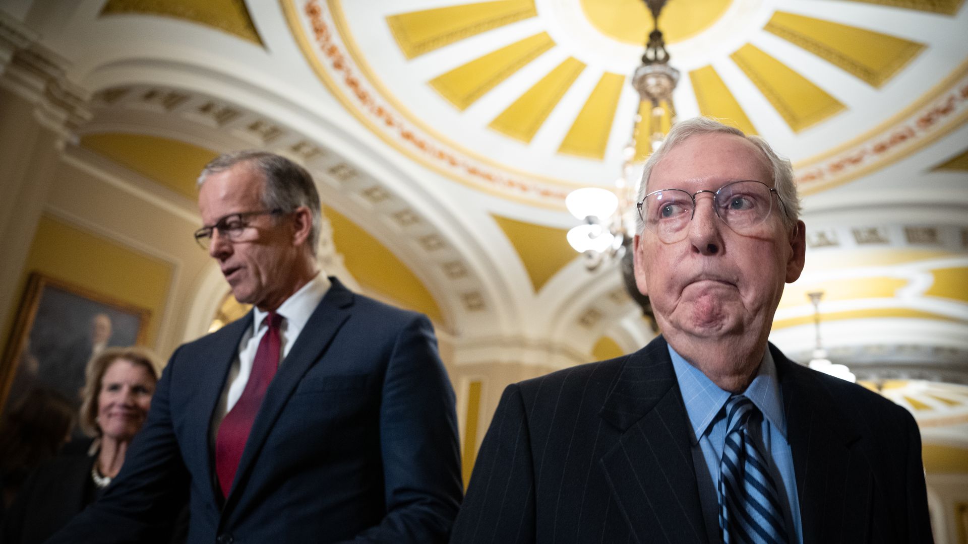 Sen. John Thune (R-SD) accompanied by Sen. Mitch McConnell (R-KY) speaks during a news conference