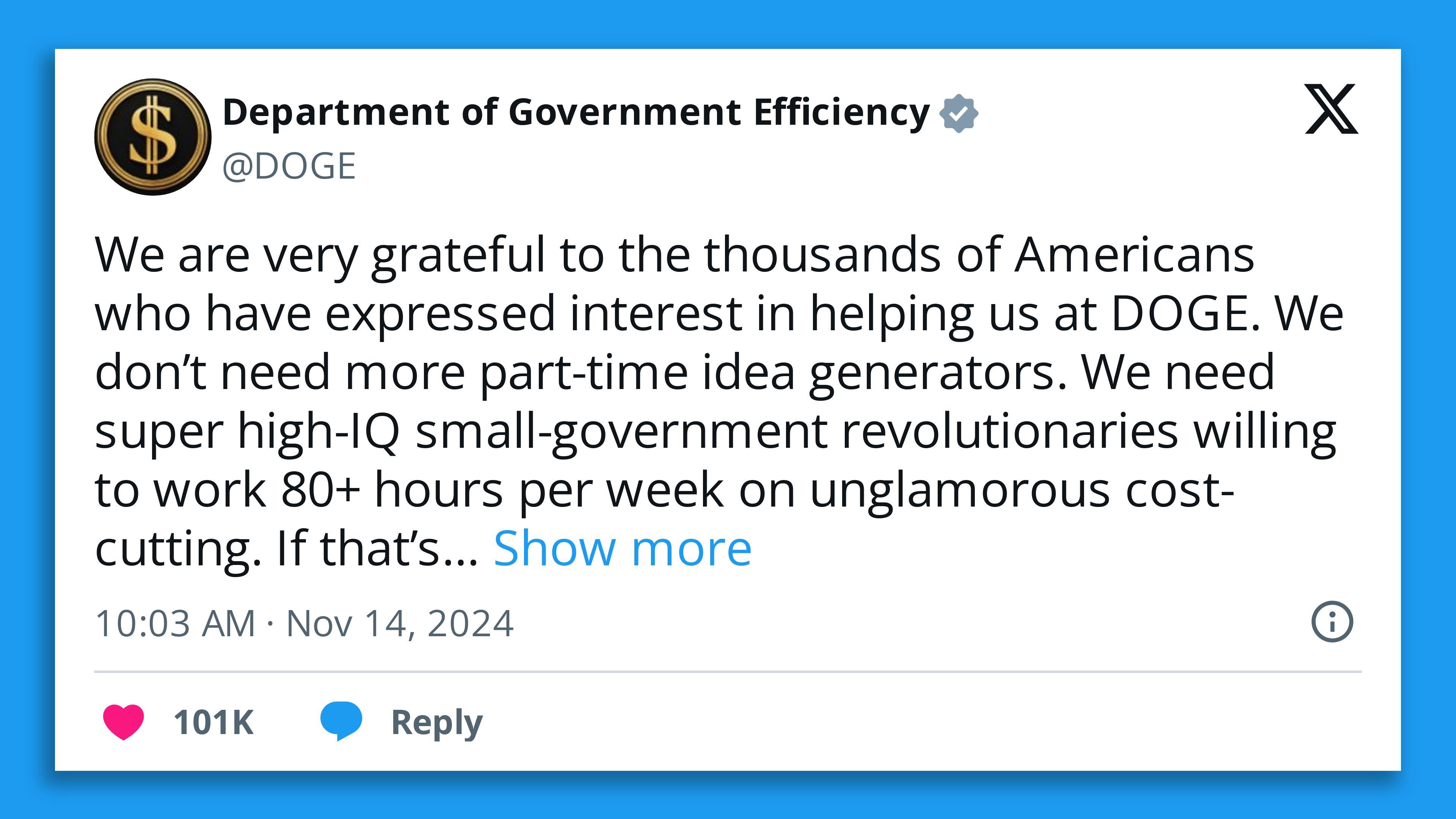 A screenshot of a post on the X account of the Department of Government Efficiency on Nov. 14.