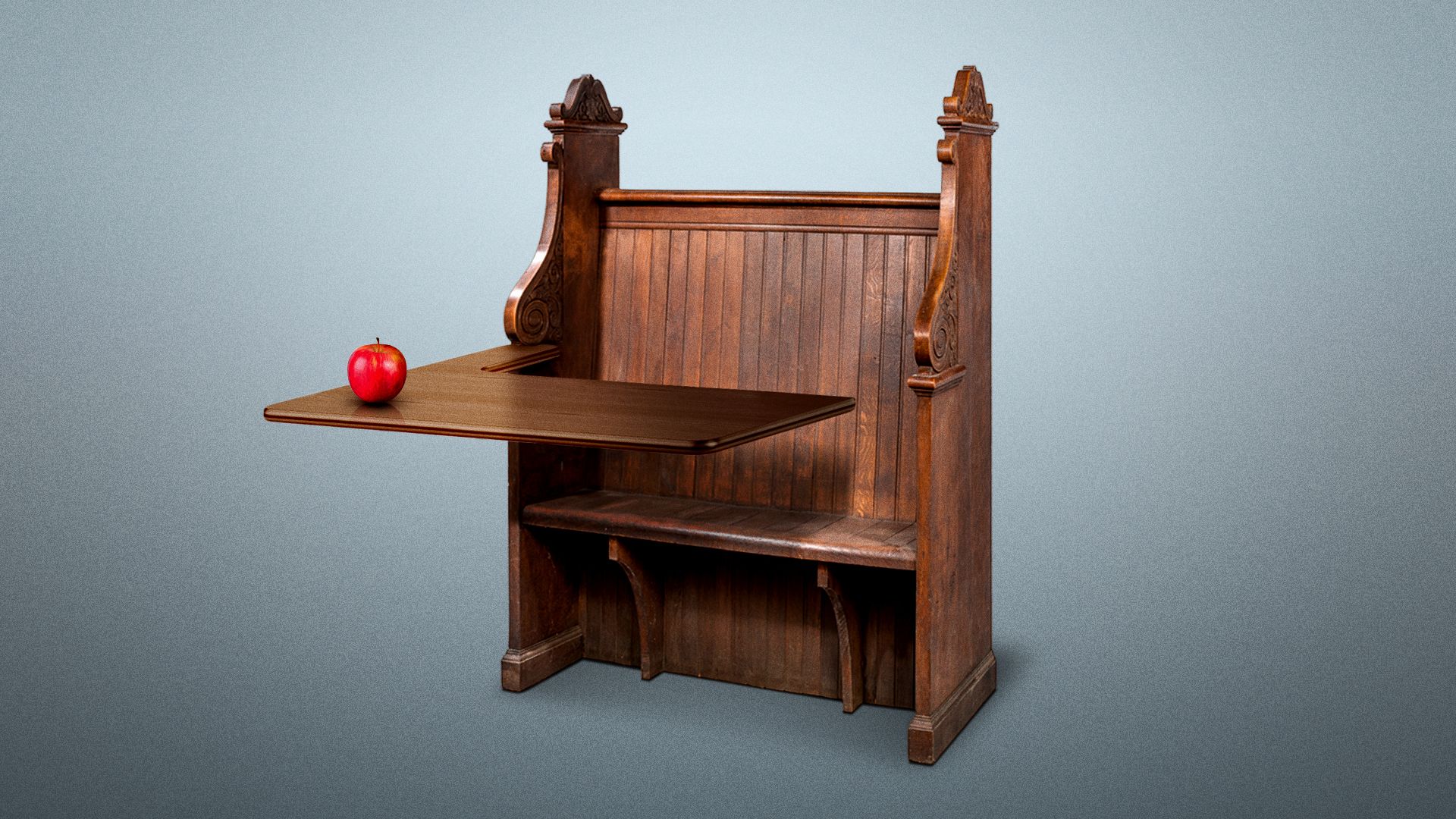 Illustration of a school desk but the chair is a church pew. 