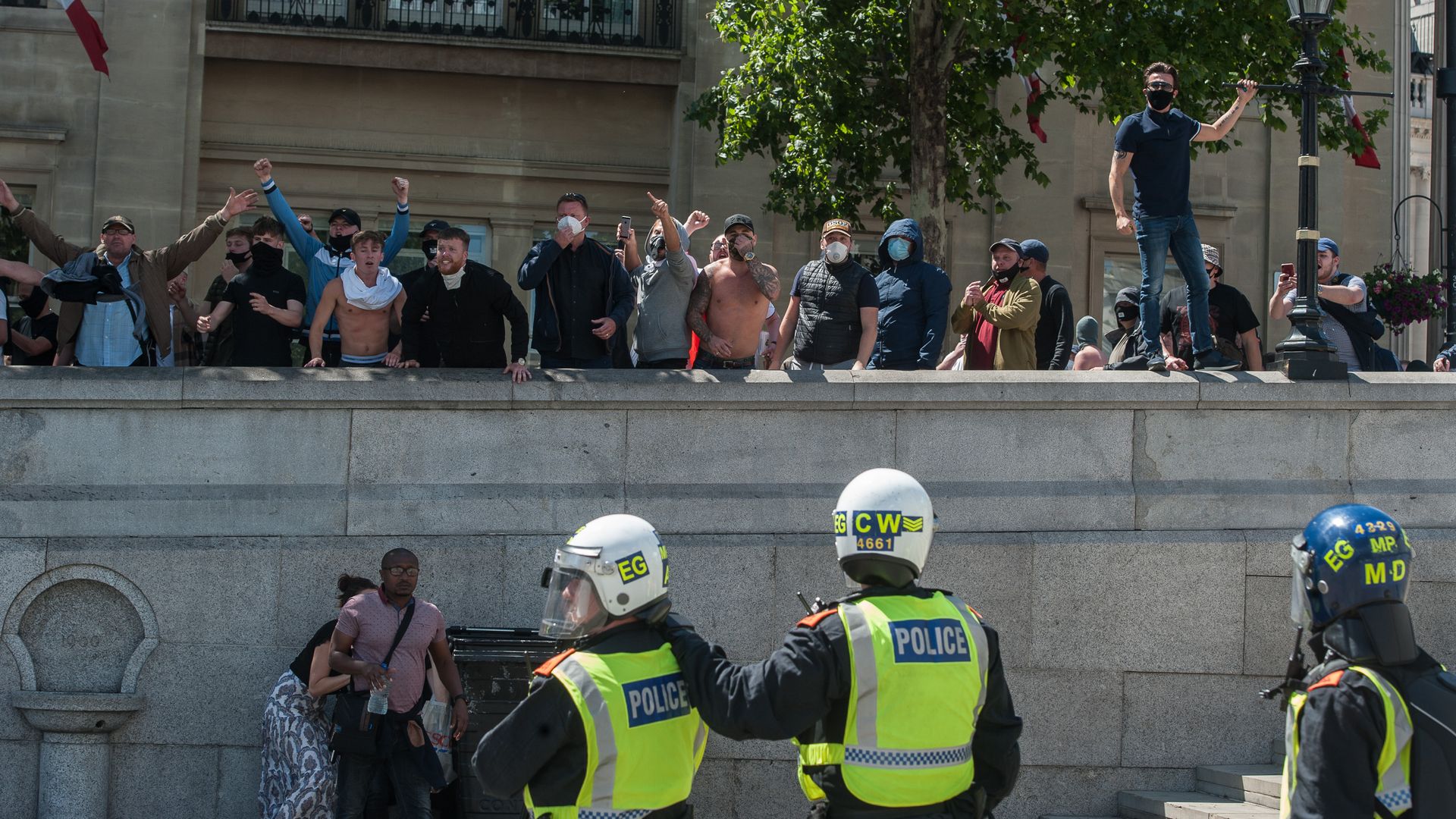  Far-right protesters demonstrate by the London Black Revs in Trafalgar square on June 13, 2020 in London, England. 