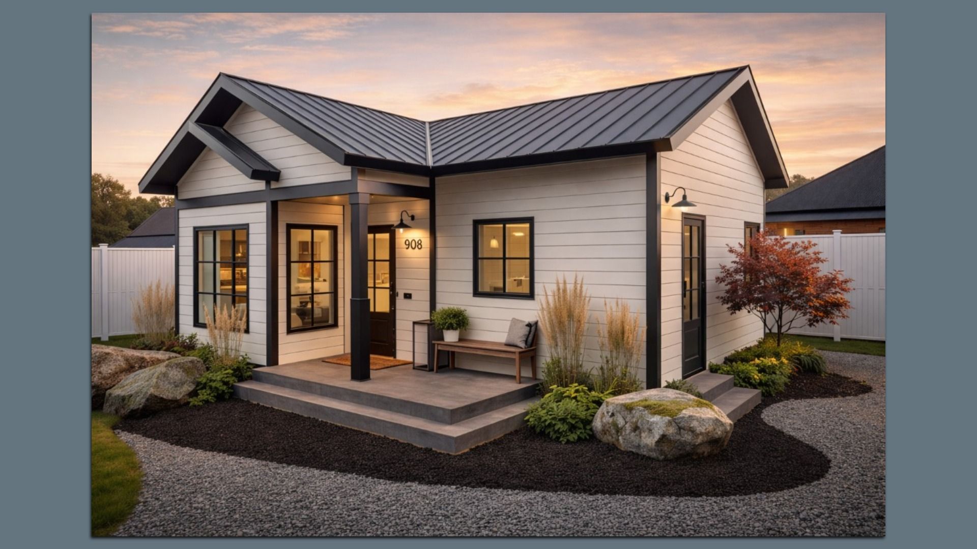 Modern single-story white house with black trim and a gray metal roof. Front porch with glass door, warm interior lights, landscaped yard with grasses, rocks, a red tree, and a white fence at sunset.