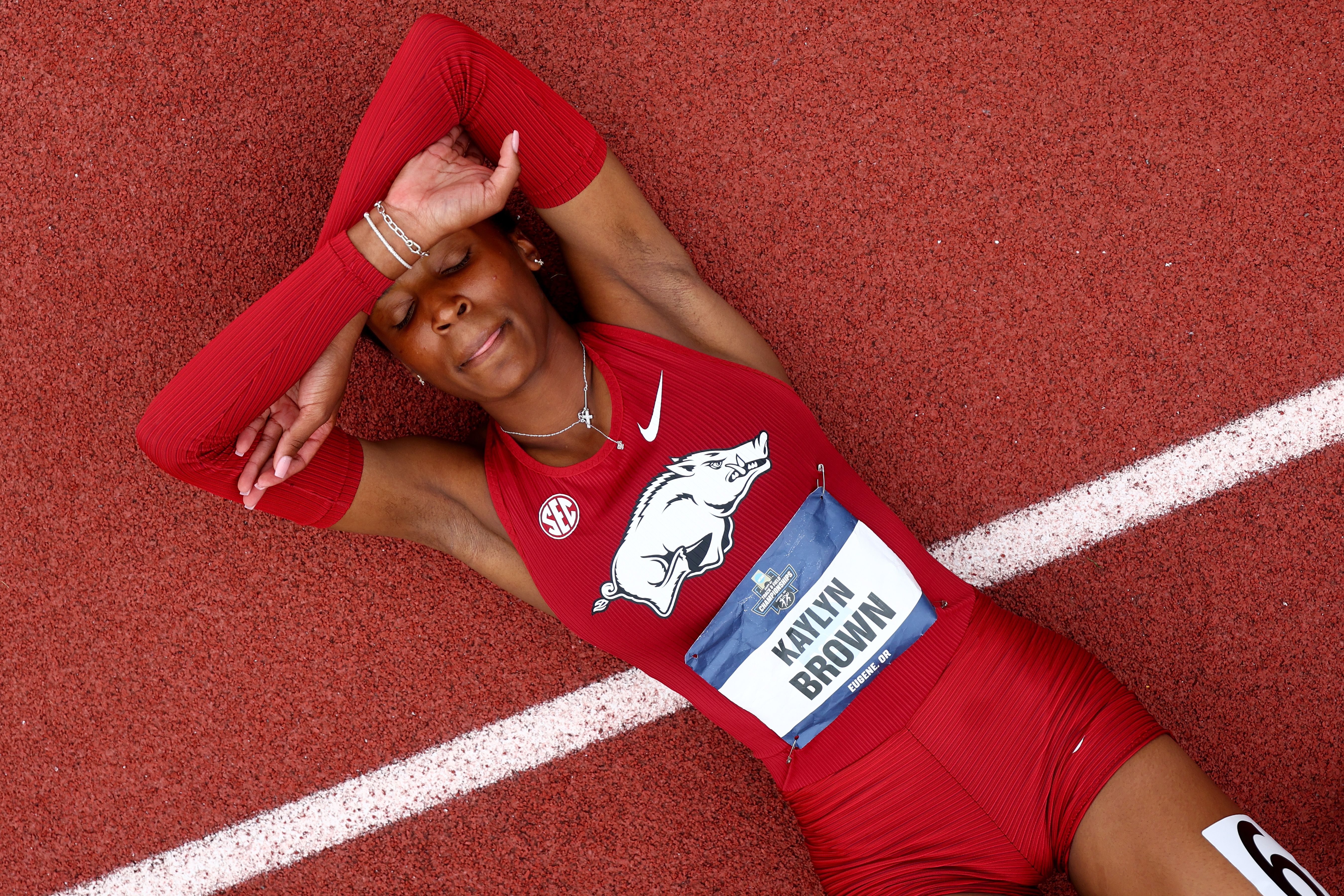 Kaylyn Brown of the Arkansas Razorbacks and her teammates celebrate after winning the 4x400 meter relay during the Division I Men's and Women's Outdoor Track and Field Championship held at Hayward Field on June 8, 2024 in Eugene, Oregon. (Photo by C. Morgan Engel/NCAA Photos via Getty Images)