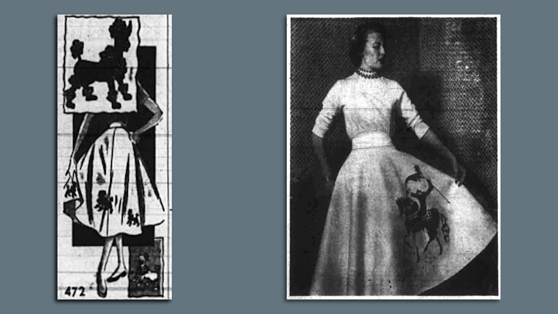 Two images: A sewing pattern advertisement for a poodle skirt, and a poodle-style full skirt with an appliqued knight on horseback.