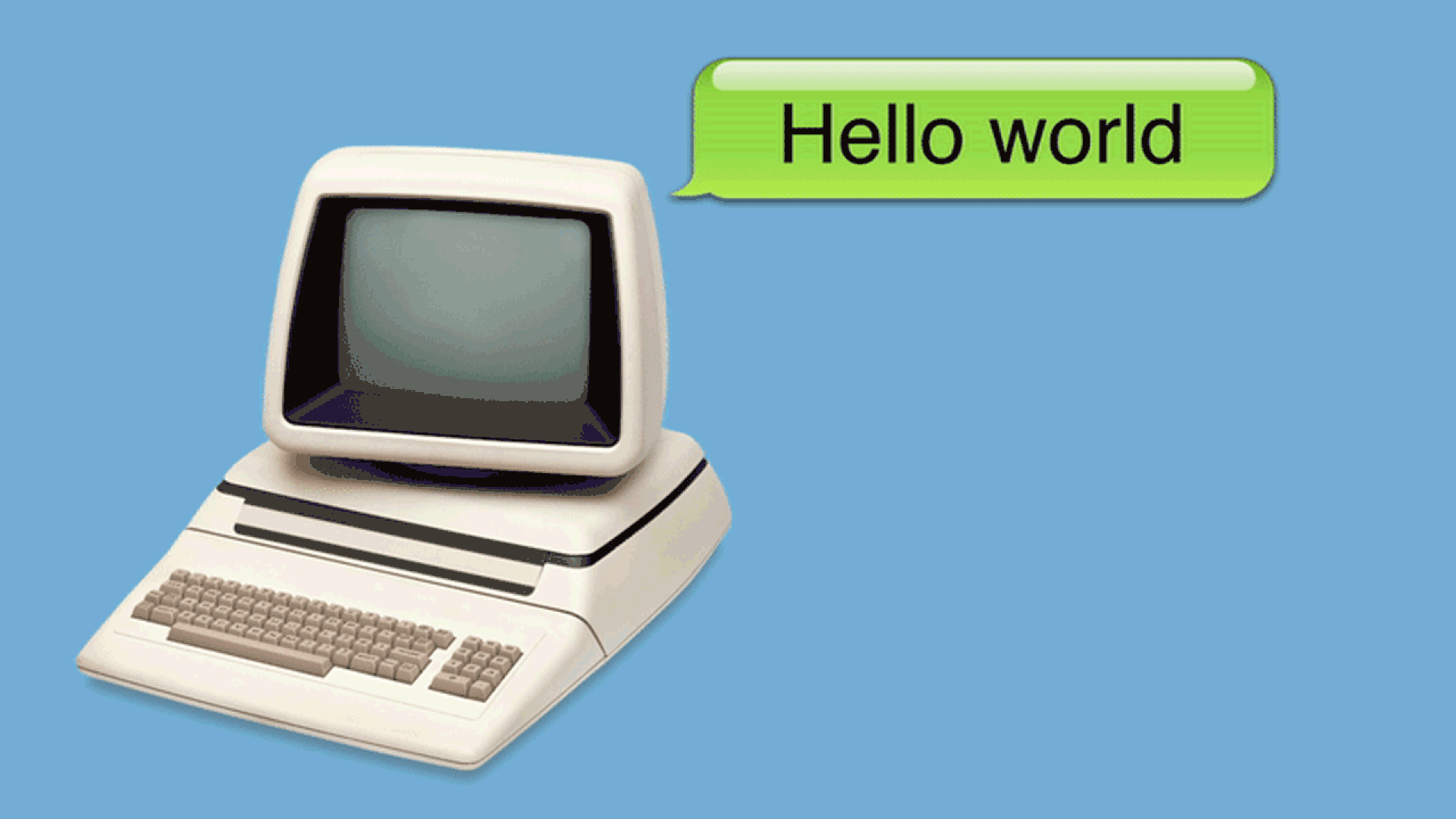 A sentient computer saying 'Hello World' in English, Chinese and Russian.