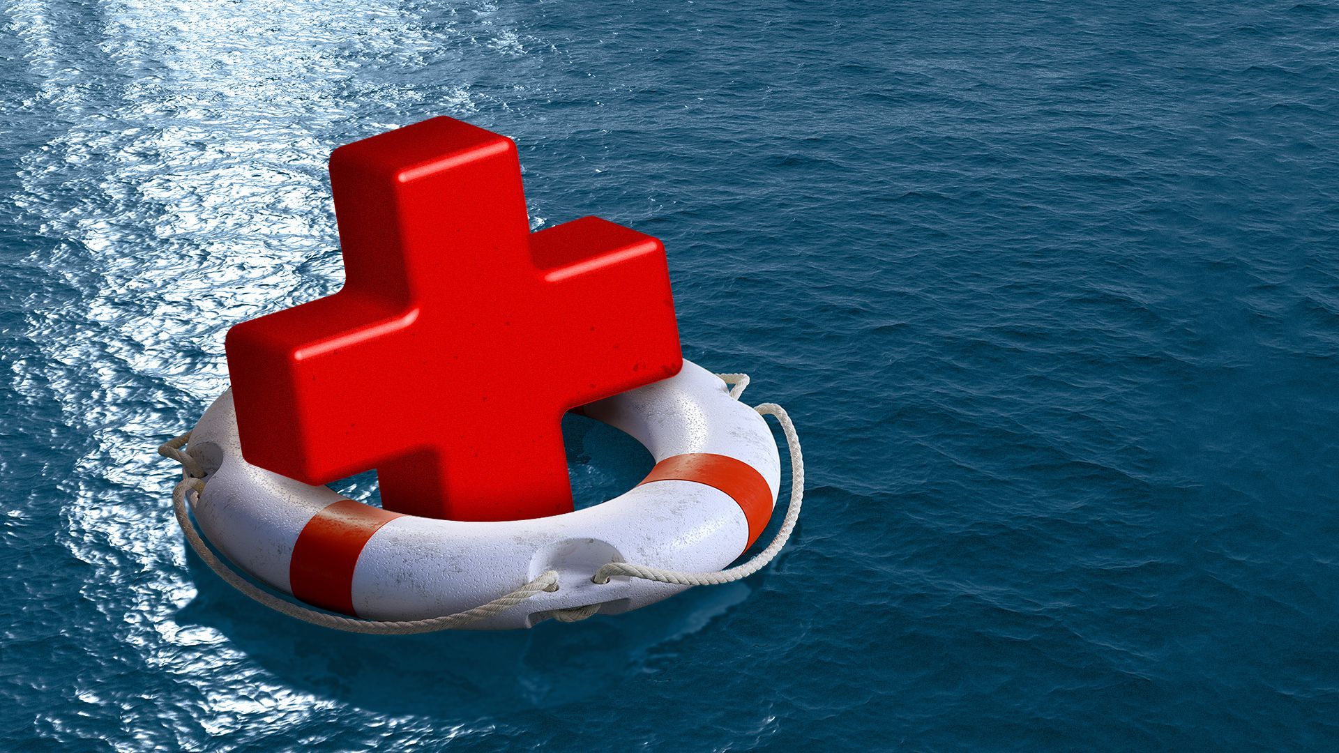 Illustration of a red cross floating in a life preserver.