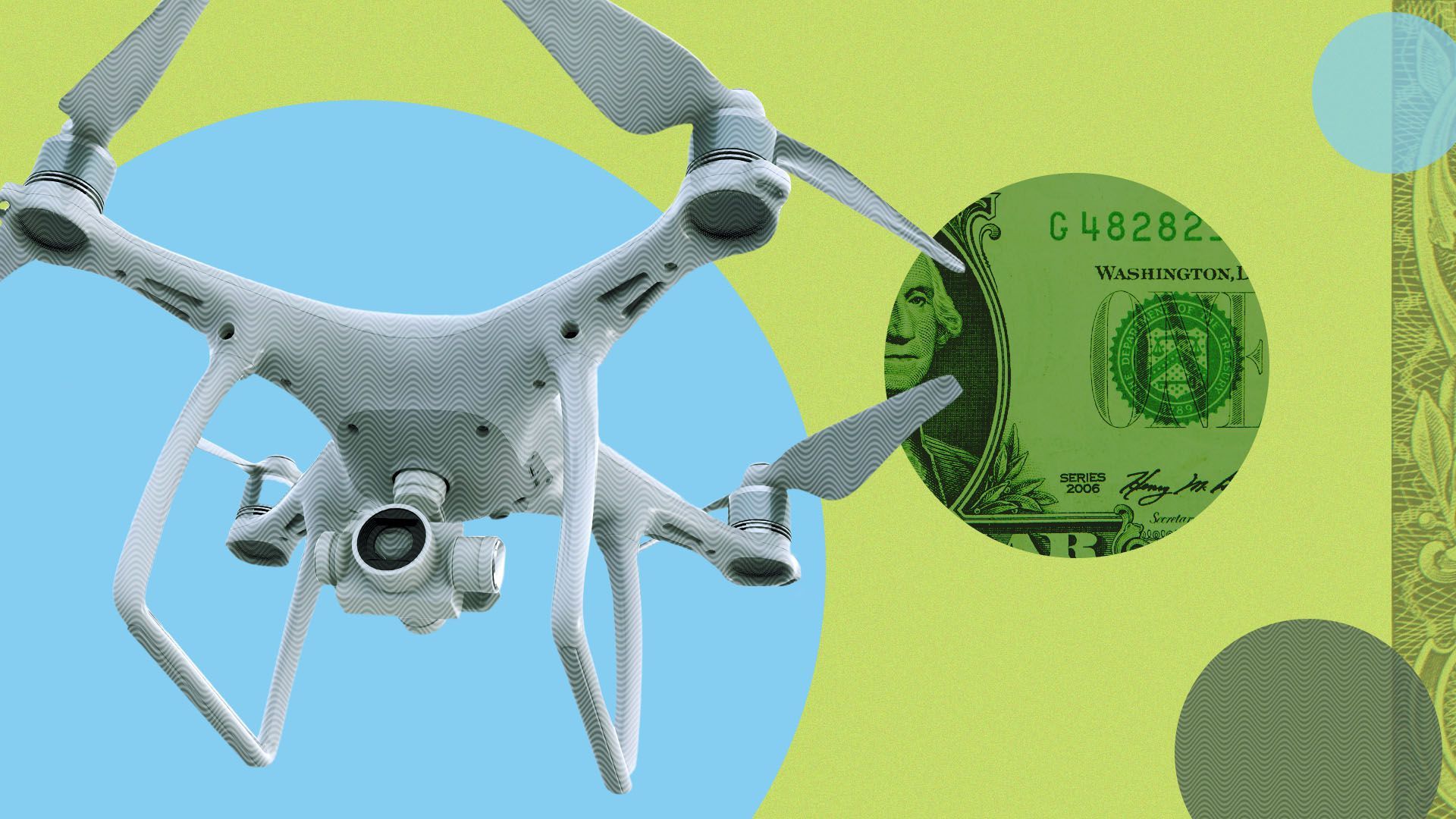 illustration of a drone surrounded by money patterns and circles 