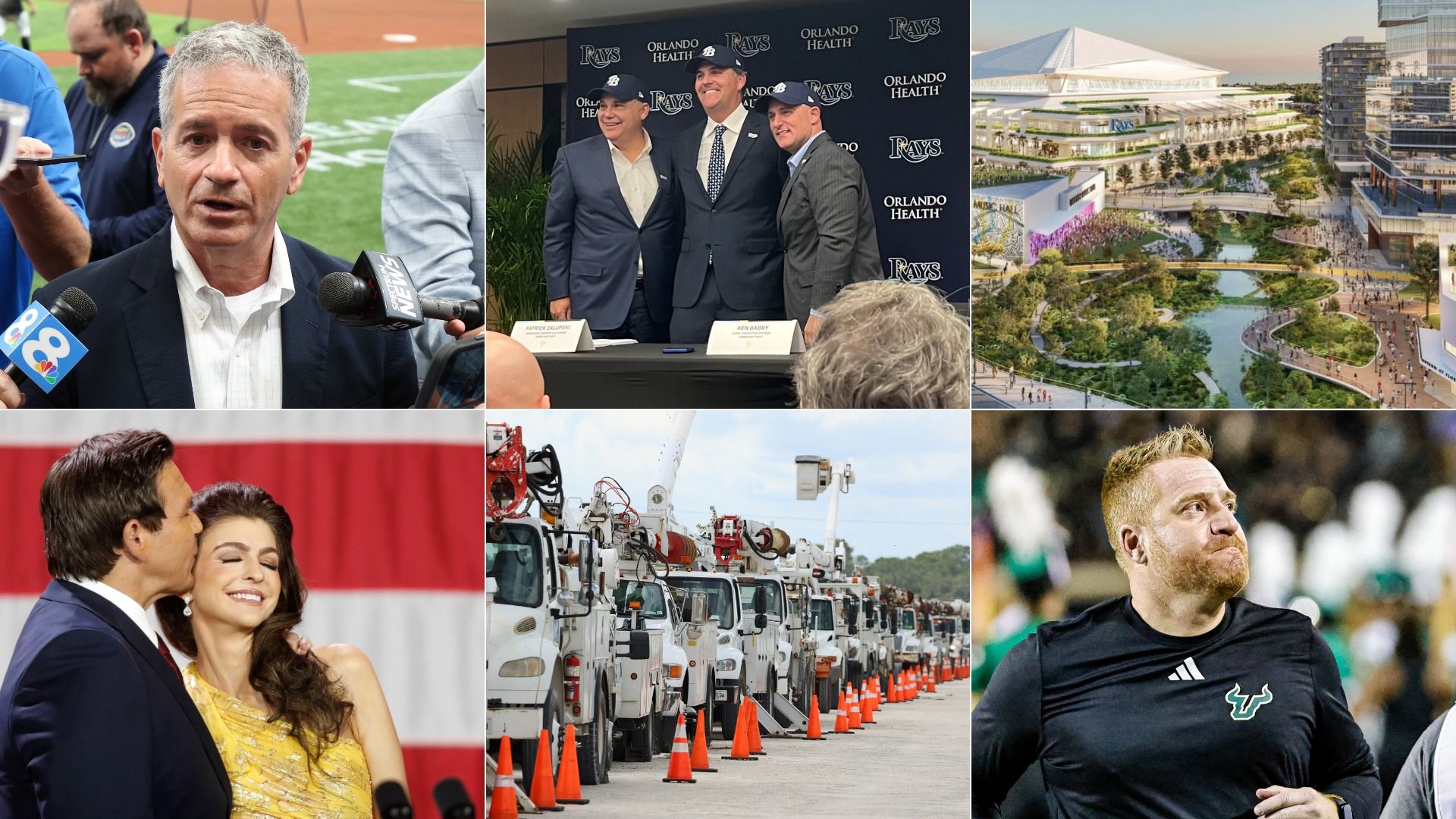 Six images: man speaking to reporters at baseball field; three men in suits and Tampa Bay Rays caps at press event; rendering of urban park and buildings; man kissing woman on cheek in front of  USA flag; line of utility trucks with orange cones; man in black shirt with USF Bulls logo.