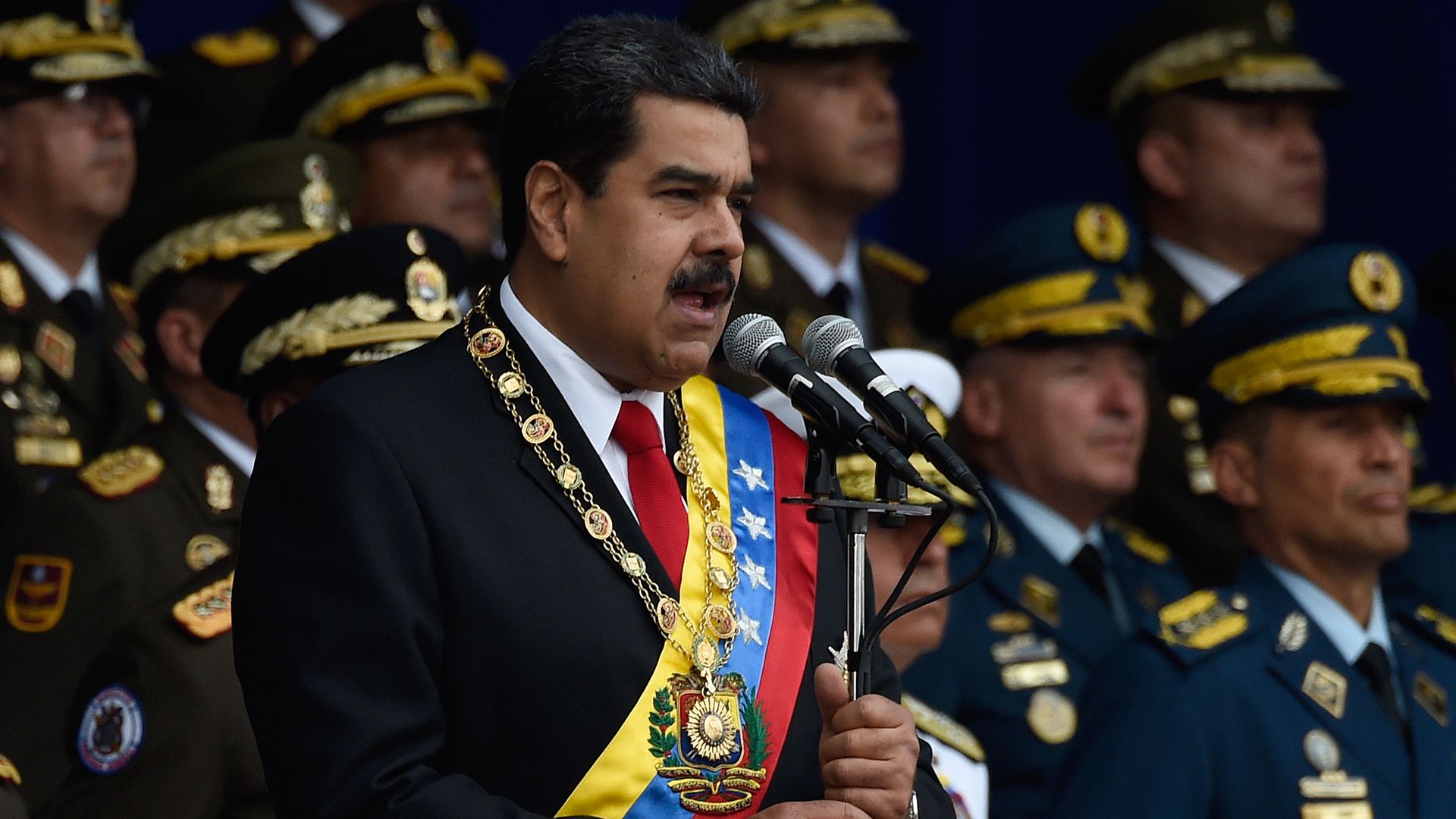 Venezuelan President Nicolas Maduro delivers a speech during a ceremony to celebrate the 81st anniversary of the National Guard in Caracas on August 4, 2018.