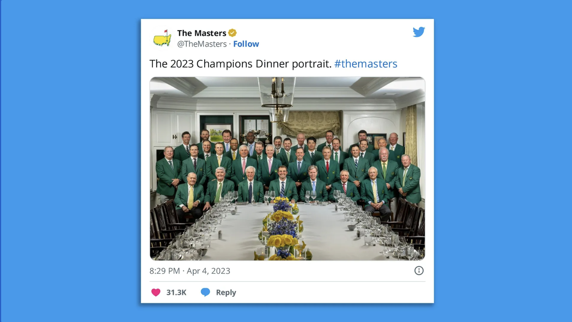 A screenshot of a portrait of the Masters' 2023 Champions portrait featuring men wearing green jackets