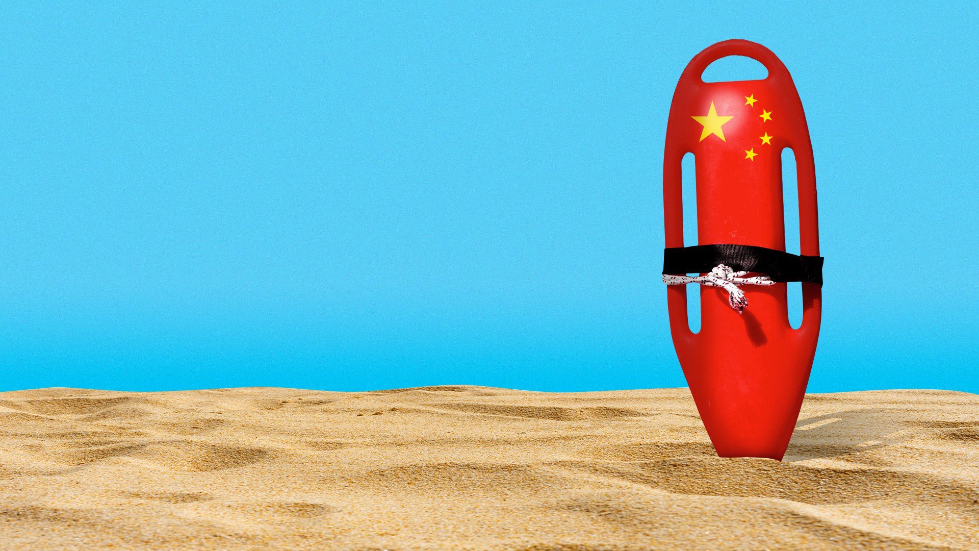 Illustration of a lifeguard's torpedo buoy stuck in the sand with Chinese stars on it. 