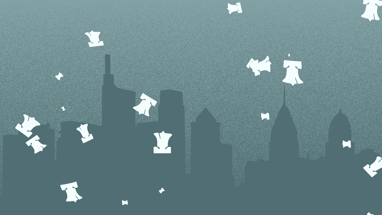 Animated illustration of the Philadelphia skyline with snowflakes shaped like the Liberty Bell falling on it.