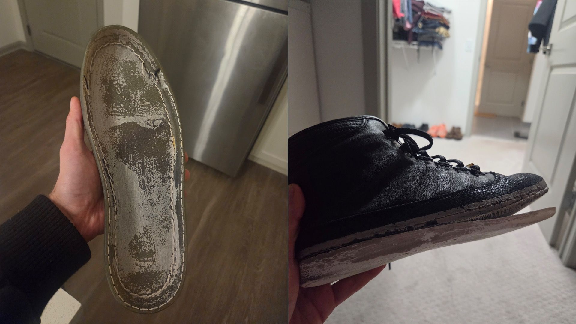 Split image of two shoes: left a light gray slip-on with a heavily worn, peeling sole; right a black leather lace-up boot with a worn, scuffed sole, held indoors.