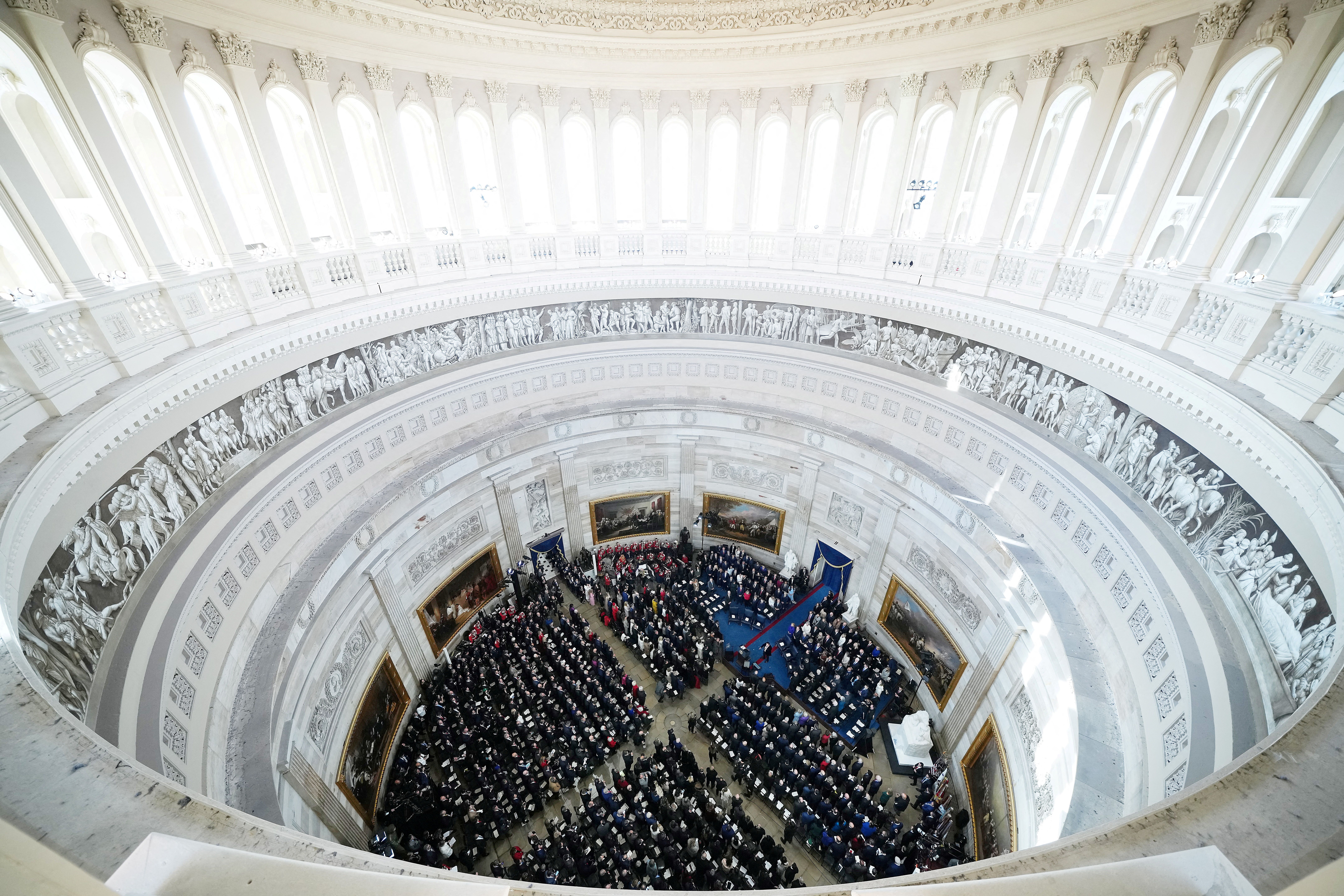 People attend the Inauguration of U.S. President-elect Donald Trump in the Rotunda at the U.S. Capitol on January 20, 2025 in Washington, DC. Donald Trump takes office for his second term as the 47th president of the United States. Andrew Harnik/Pool