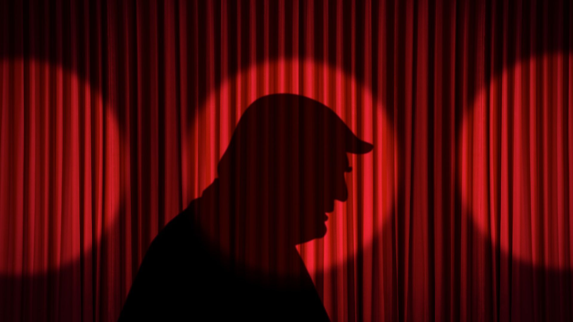 Illustration of Donald Trump's silhouette within a spotlight flanked by two empty spotlights.