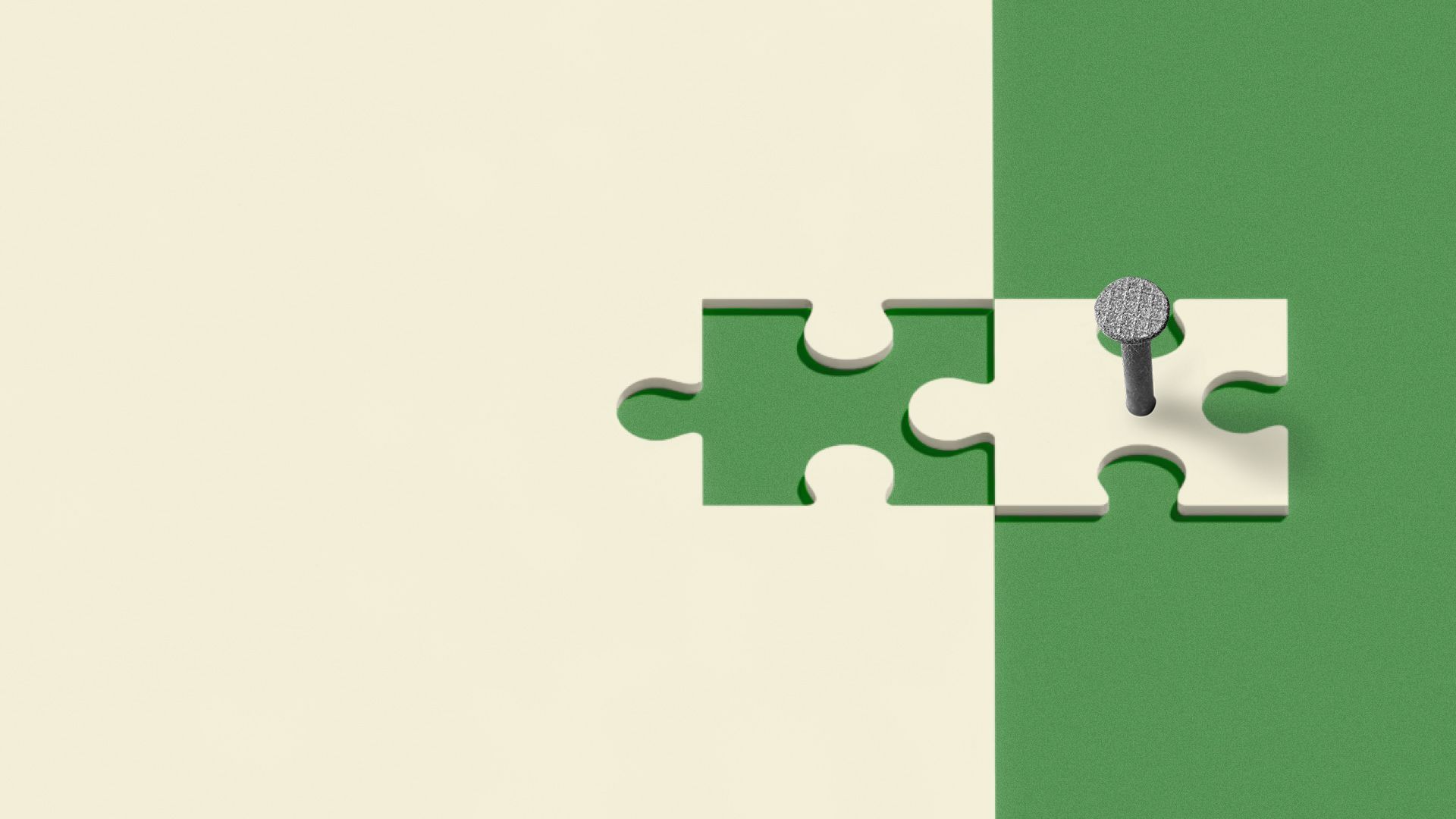 Illustration of a puzzle piece nailed down before it can fill the blank spot.