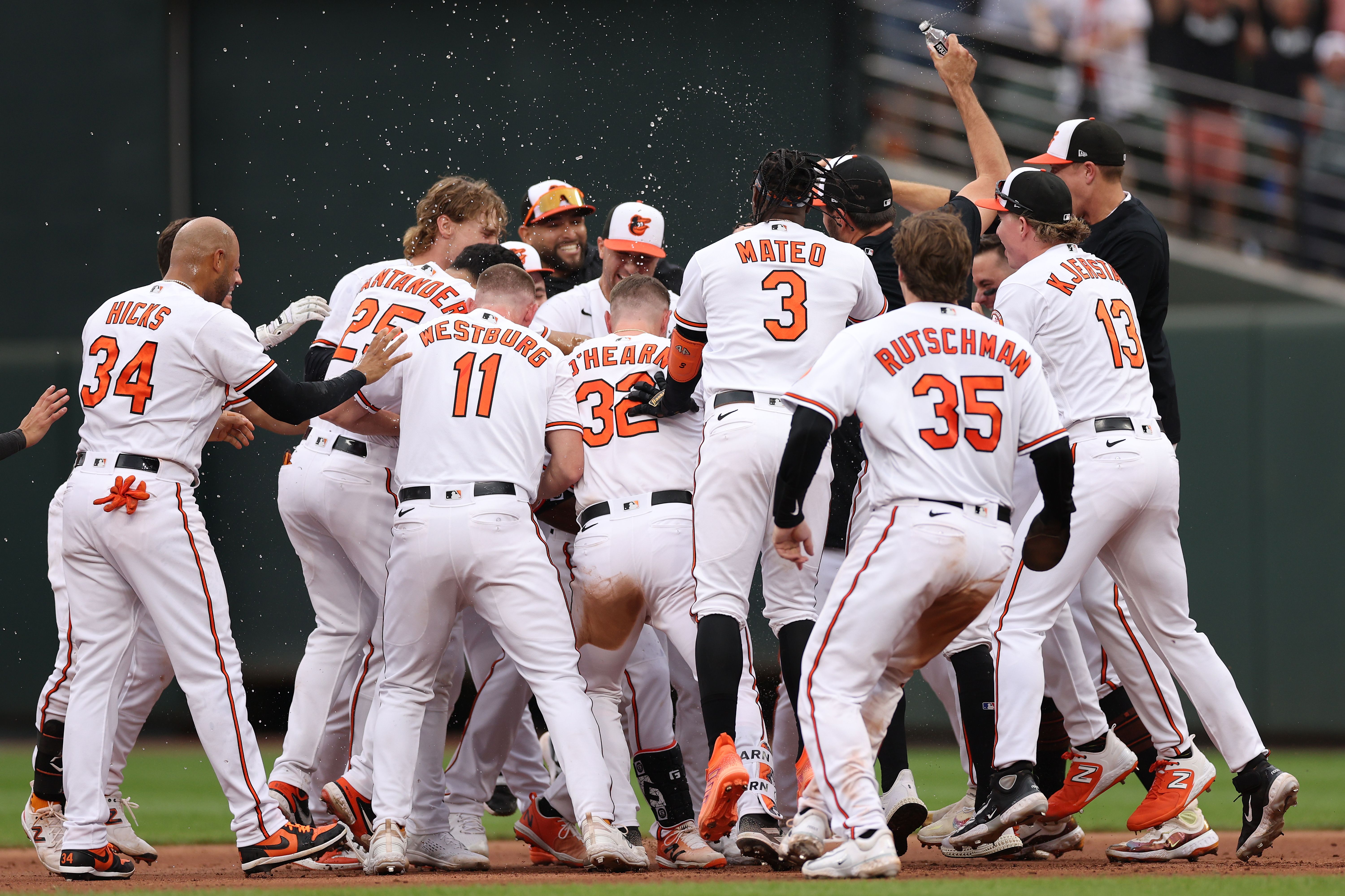 The Baltimore Orioles celebrate after a walk-off RBI last year.