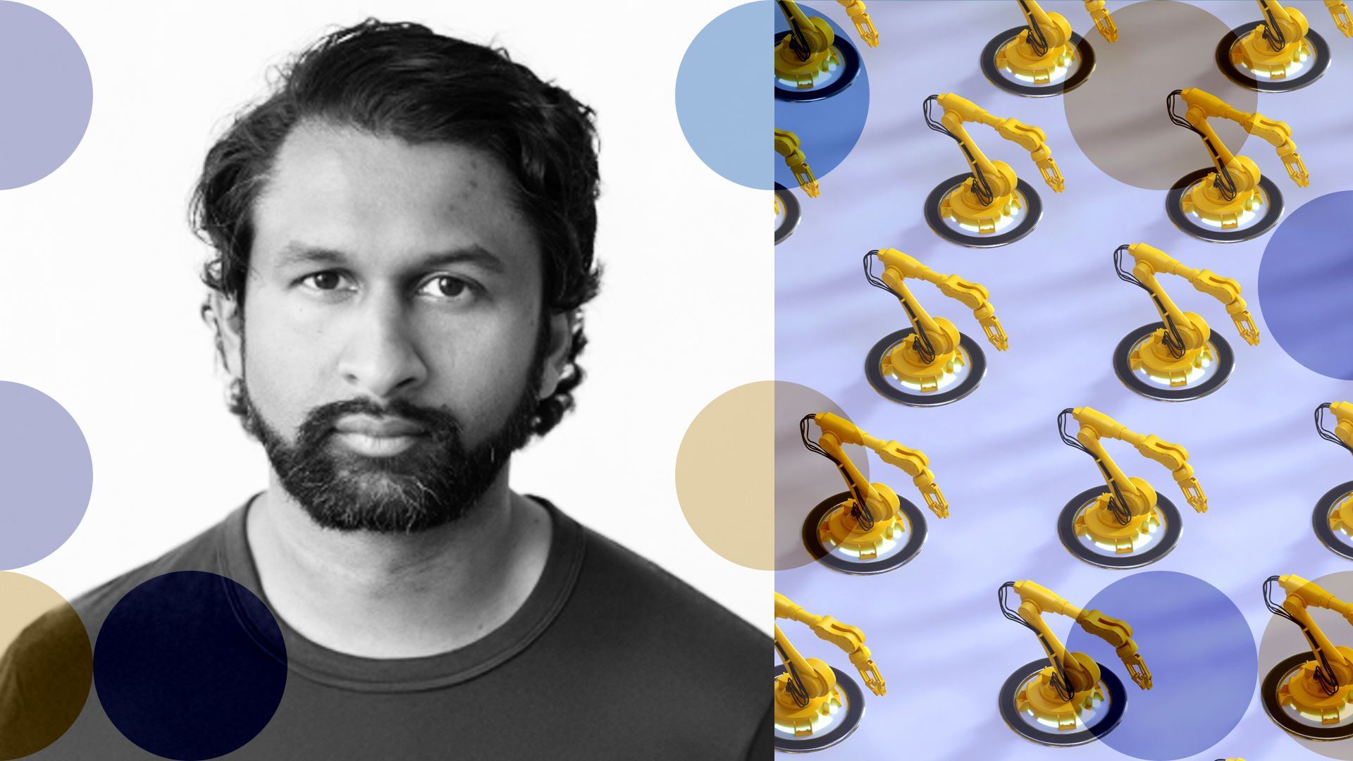 Photo illustration of Dhruva Rajendra surrounded by abstract shapes. 